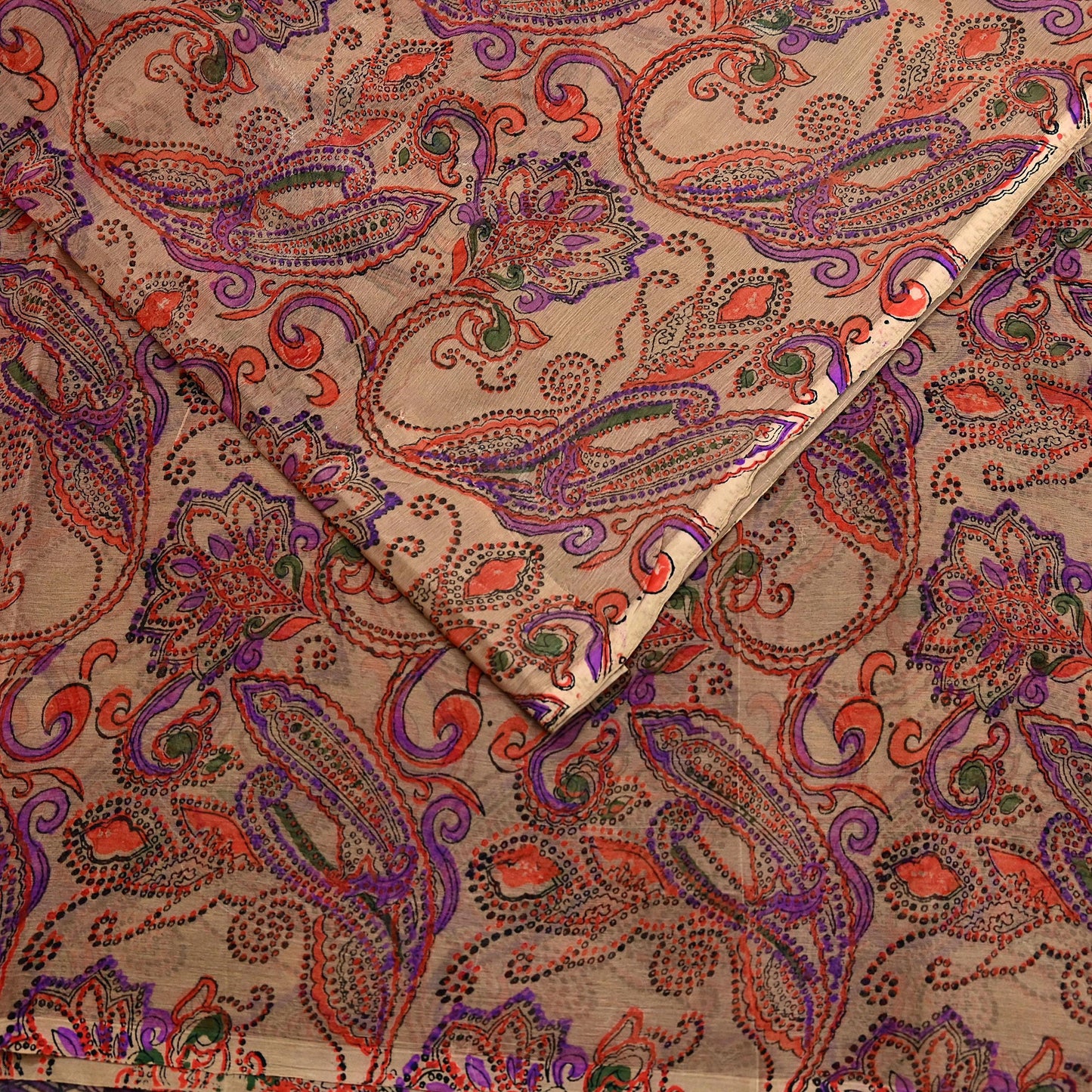 Women Vintage Sari Beige & Purple Pure Chiffon Silk Printed Saree Craft Fabric Sewing 6Yd Soft Light Sari Dress Making Floral