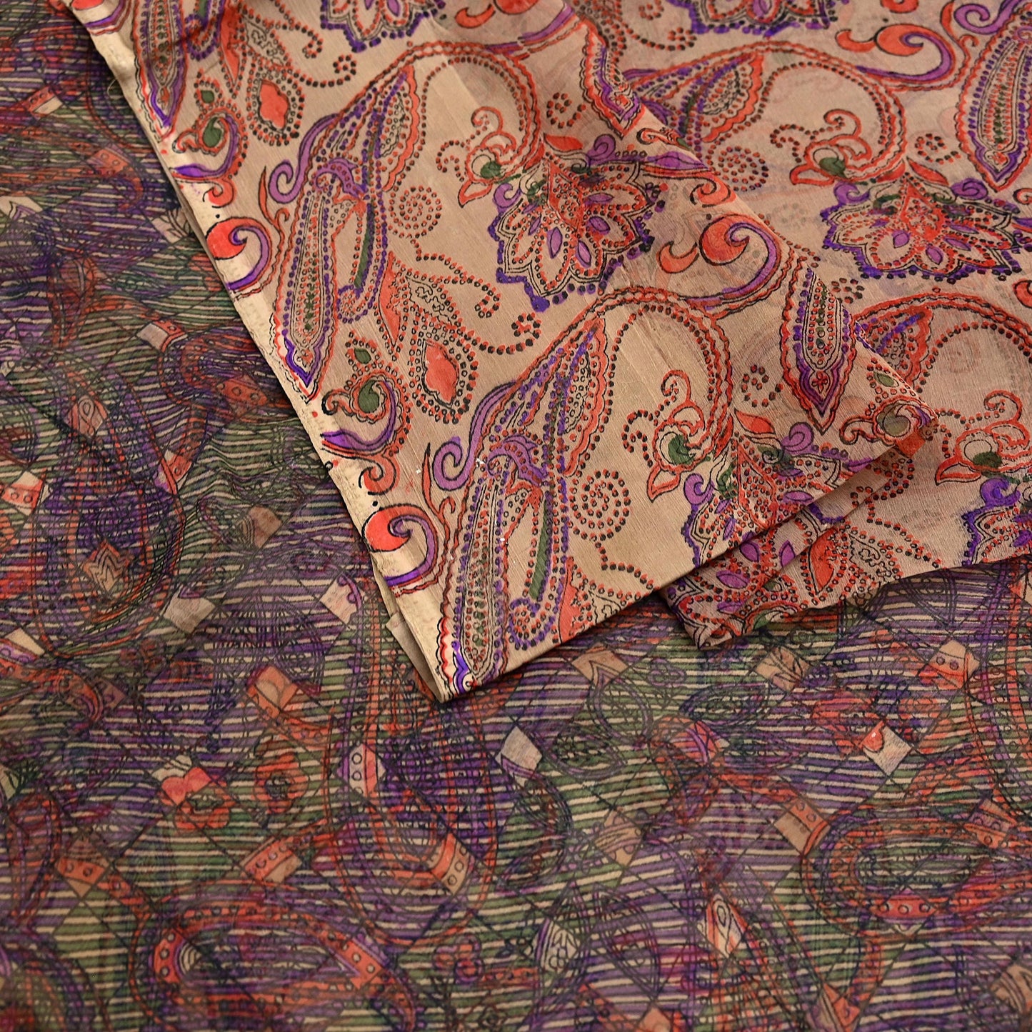 Women Vintage Sari Beige & Purple Pure Chiffon Silk Printed Saree Craft Fabric Sewing 6Yd Soft Light Sari Dress Making Floral