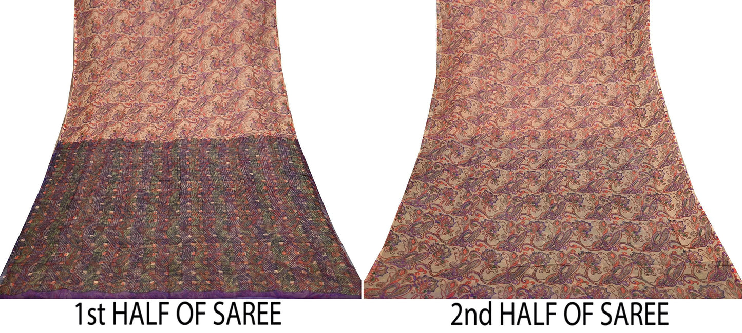 Women Vintage Sari Beige & Purple Pure Chiffon Silk Printed Saree Craft Fabric Sewing 6Yd Soft Light Sari Dress Making Floral
