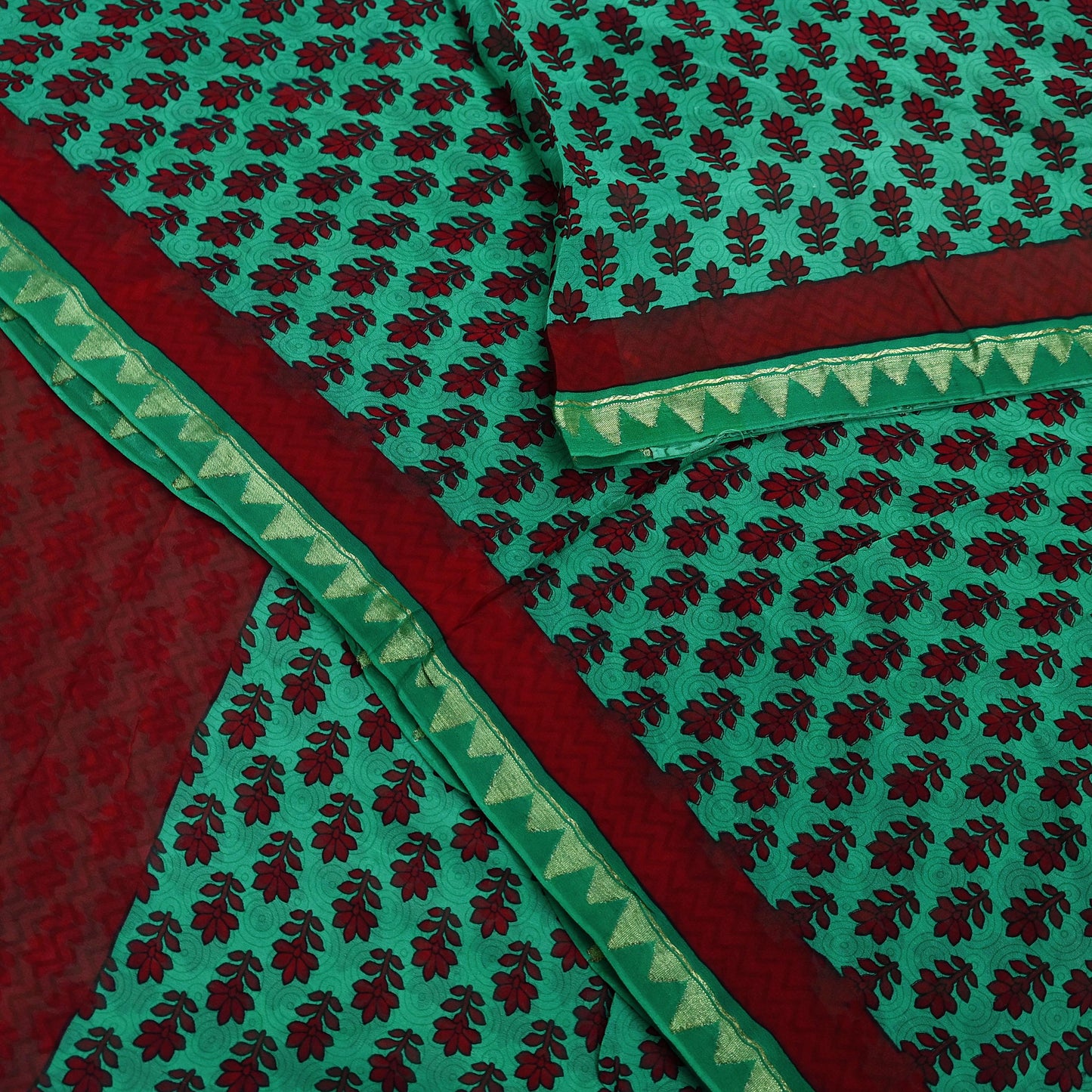 Indian Vintage Sari Green & Maroon Pure Georgette Silk Printed Sarees Craft Fabric Sewing 5Yd Soft Dress Making Crafting Quilting Zari