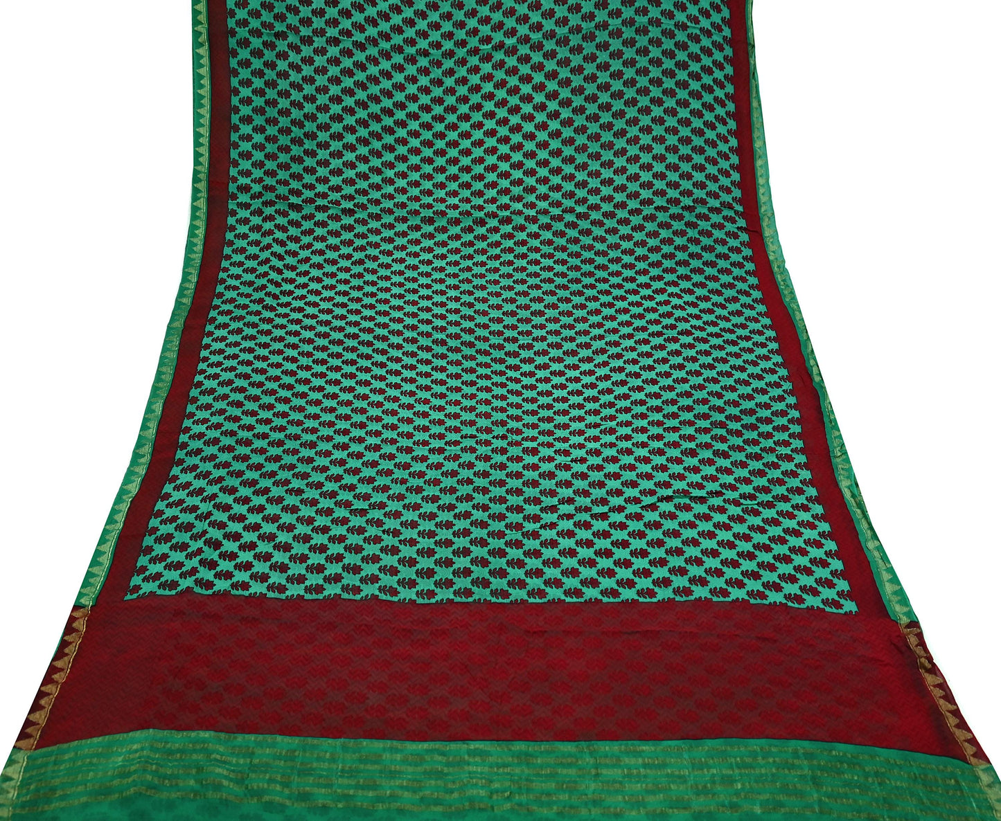 Indian Vintage Sari Green & Maroon Pure Georgette Silk Printed Sarees Craft Fabric Sewing 5Yd Soft Dress Making Crafting Quilting Zari