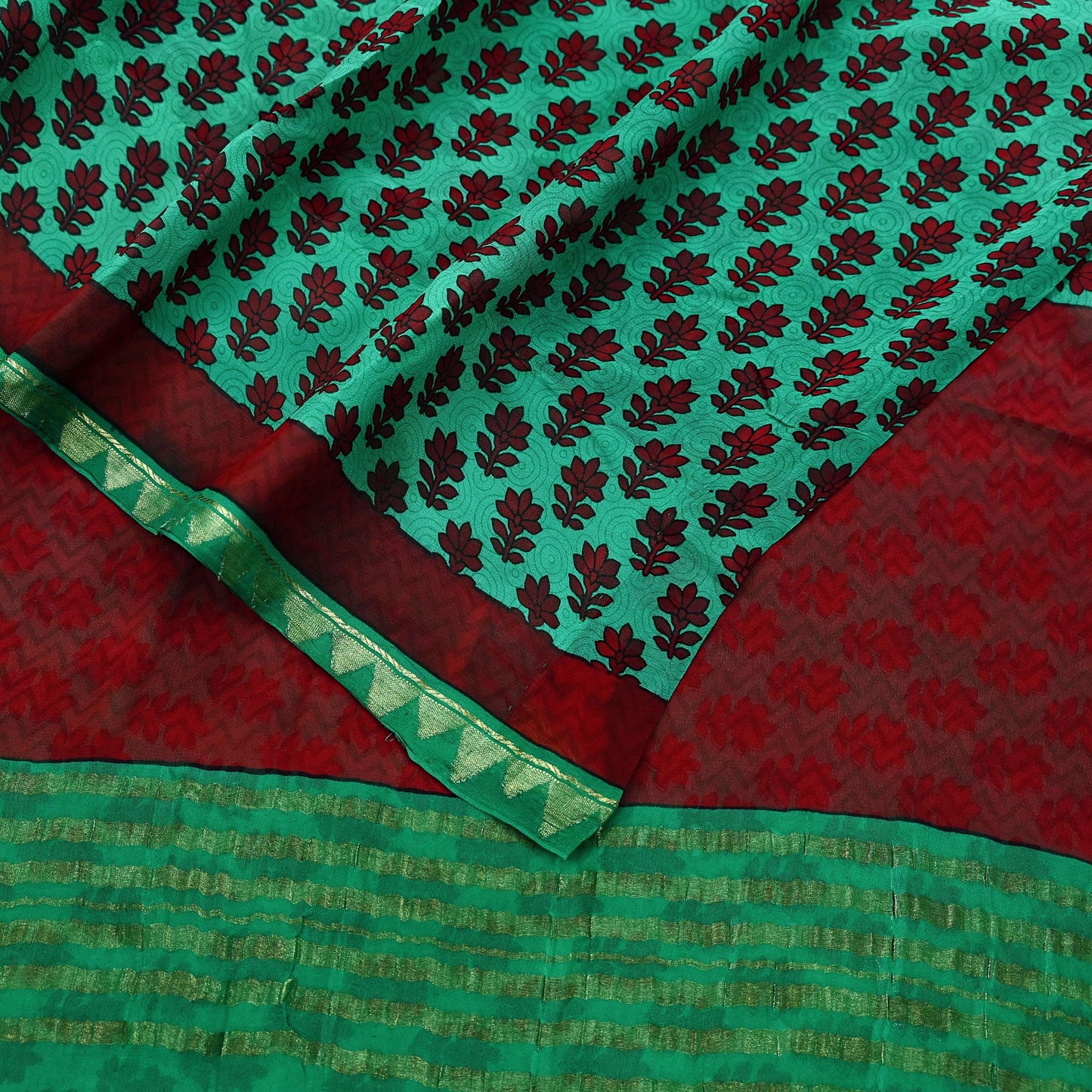 Indian Vintage Sari Green & Maroon Pure Georgette Silk Printed Sarees Craft Fabric Sewing 5Yd Soft Dress Making Crafting Quilting Zari