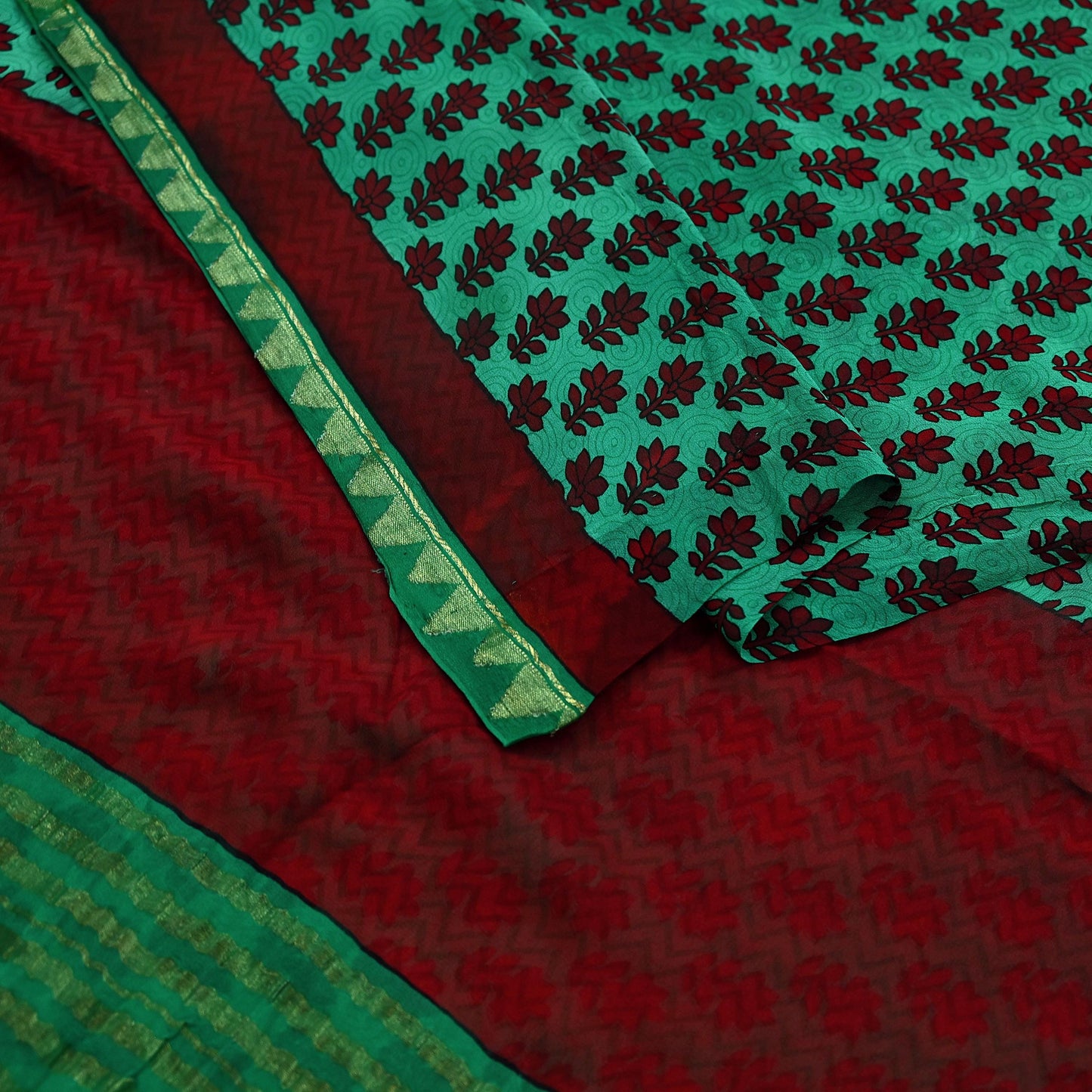 Indian Vintage Sari Green & Maroon Pure Georgette Silk Printed Sarees Craft Fabric Sewing 5Yd Soft Dress Making Crafting Quilting Zari