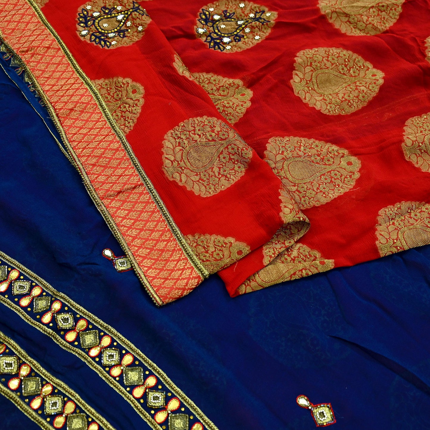 Indian Vintage Heavy Sari Red & Blue Pure Georgette Silk Hand Embroidered Sarees Craft Fabric 5Yd Sewing Ethnic