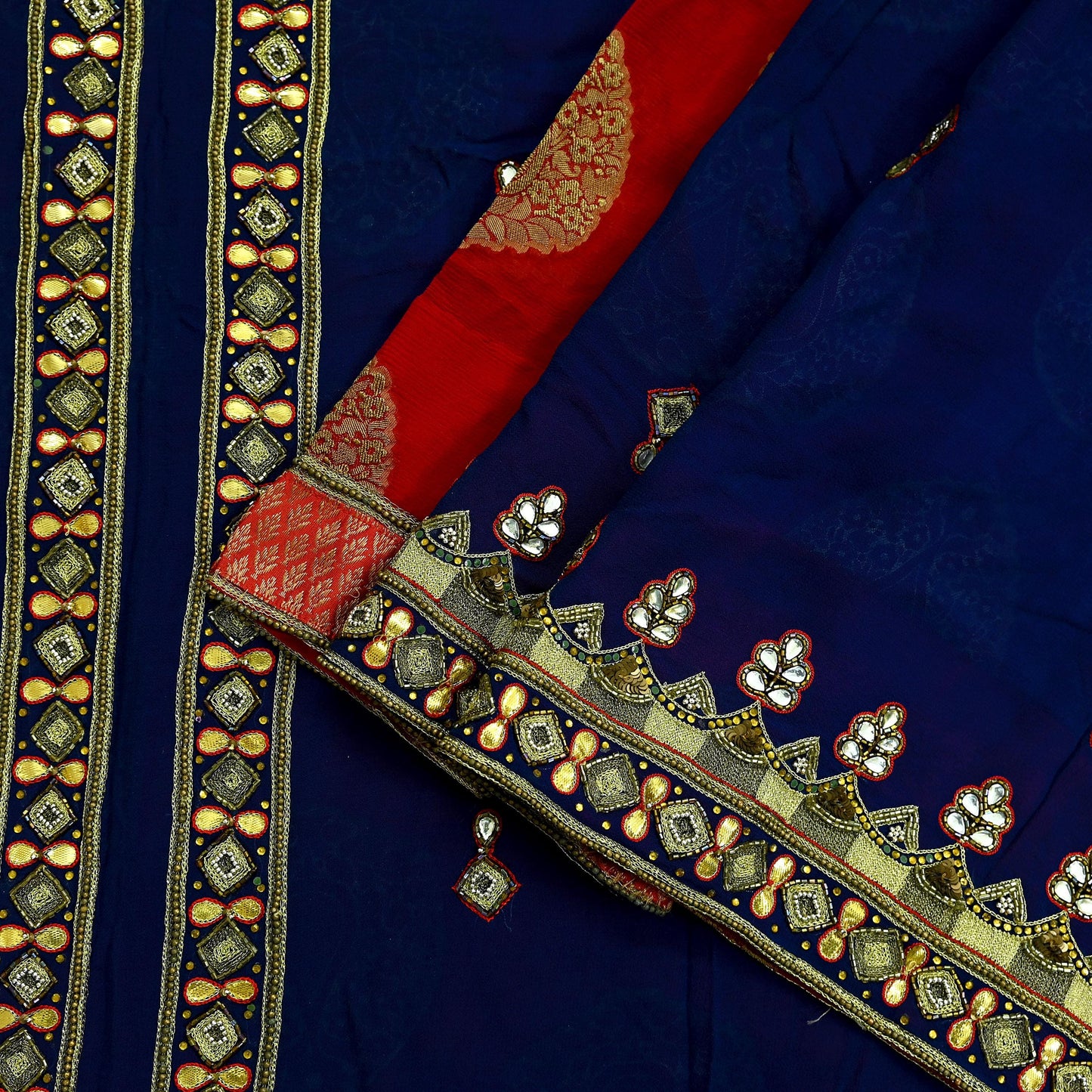 Indian Vintage Heavy Sari Red & Blue Pure Georgette Silk Hand Embroidered Sarees Craft Fabric 5Yd Sewing Ethnic