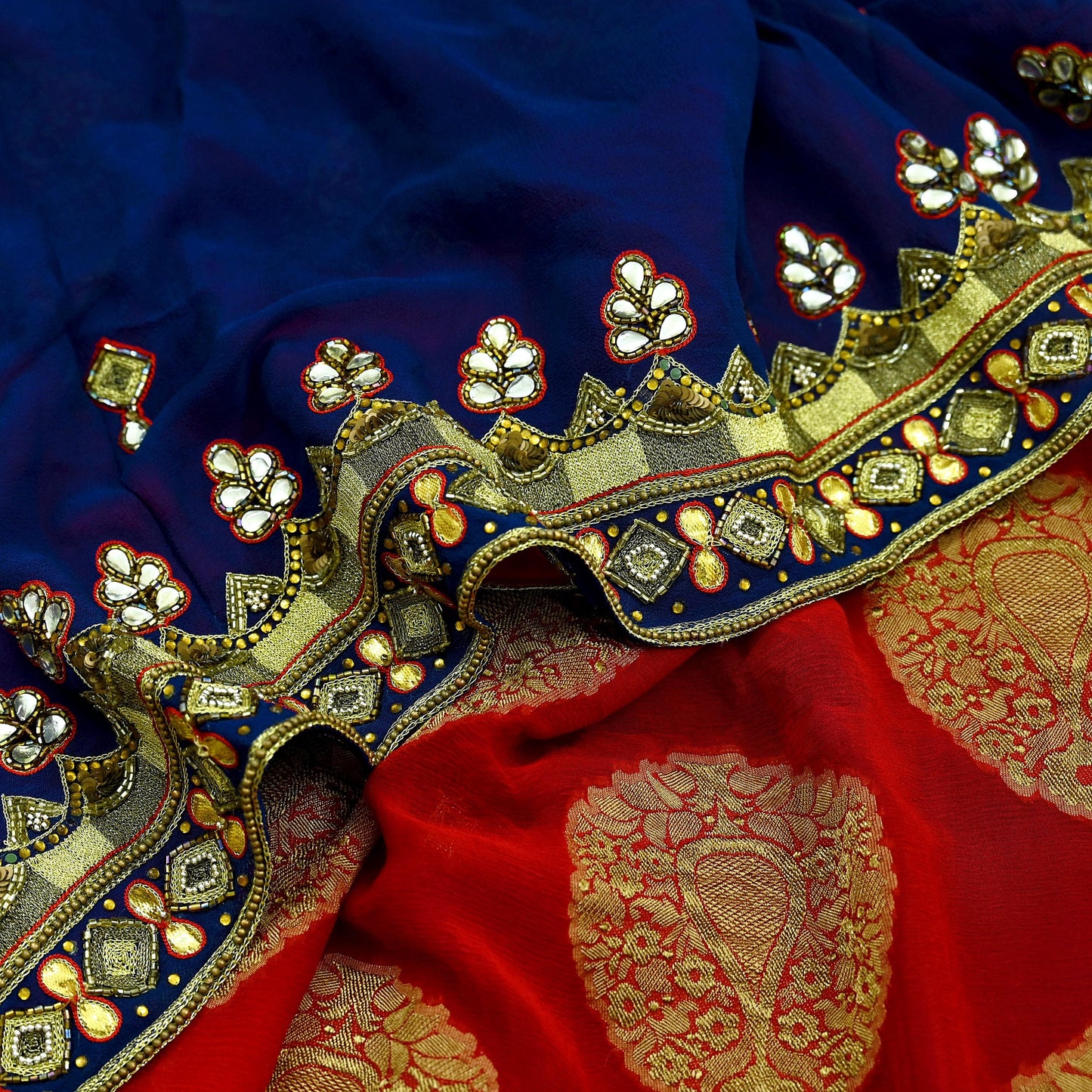 Indian Vintage Heavy Sari Red & Blue Pure Georgette Silk Hand Embroidered Sarees Craft Fabric 5Yd Sewing Ethnic