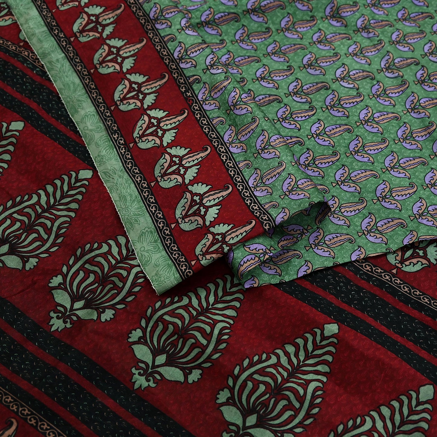 Indian Vintage Sari Maroon & Green Pure Silk Printed Saree Craft Fabric 6yd Sewing Dress Making Soft Floral Dress making Crafting Quilting