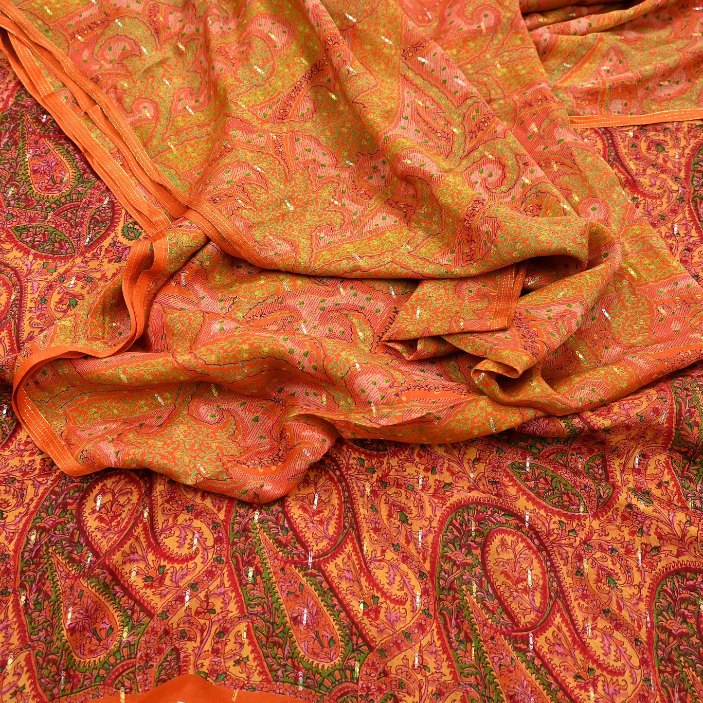 Indian Vintage Sari Orange 100% Pure Silk Printed Sarees 5yd Sewing Craft Fabric Zari Dress Making Soft Wrap Quilting Used Crafting Upcycle