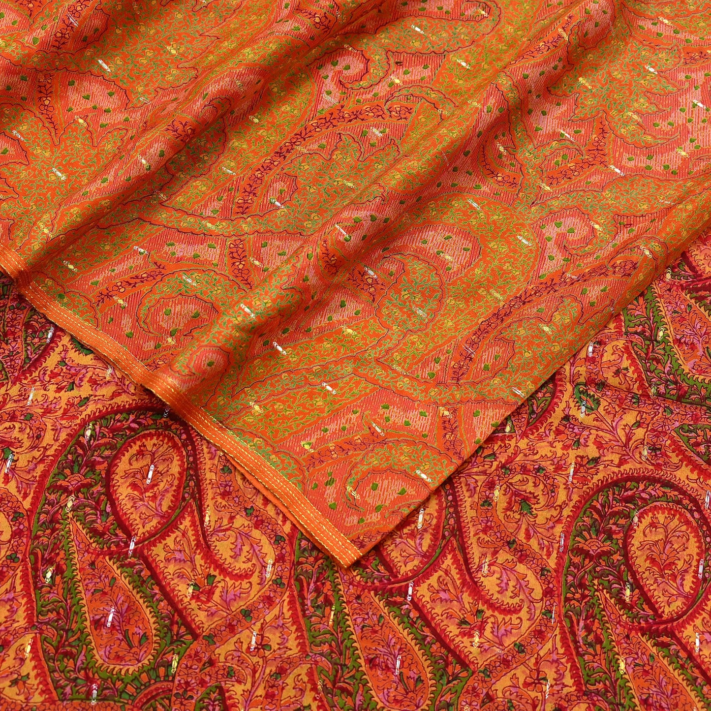Indian Vintage Sari Orange 100% Pure Silk Printed Sarees 5yd Sewing Craft Fabric Zari Dress Making Soft Wrap Quilting Used Crafting Upcycle