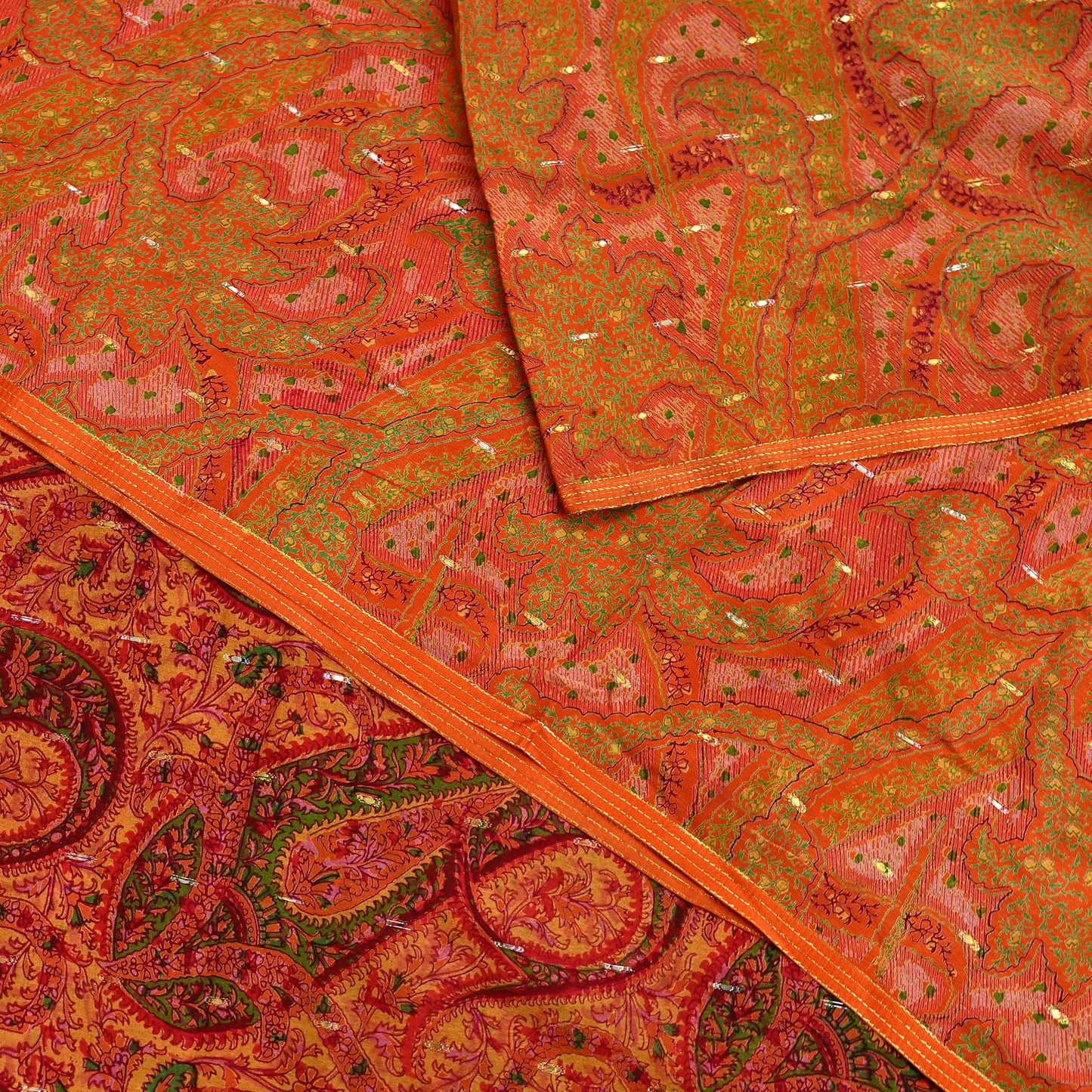 Indian Vintage Sari Orange 100% Pure Silk Printed Sarees 5yd Sewing Craft Fabric Zari Dress Making Soft Wrap Quilting Used Crafting Upcycle