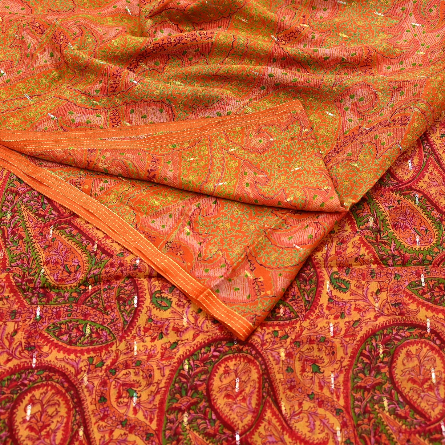 Indian Vintage Sari Orange 100% Pure Silk Printed Sarees 5yd Sewing Craft Fabric Zari Dress Making Soft Wrap Quilting Used Crafting Upcycle