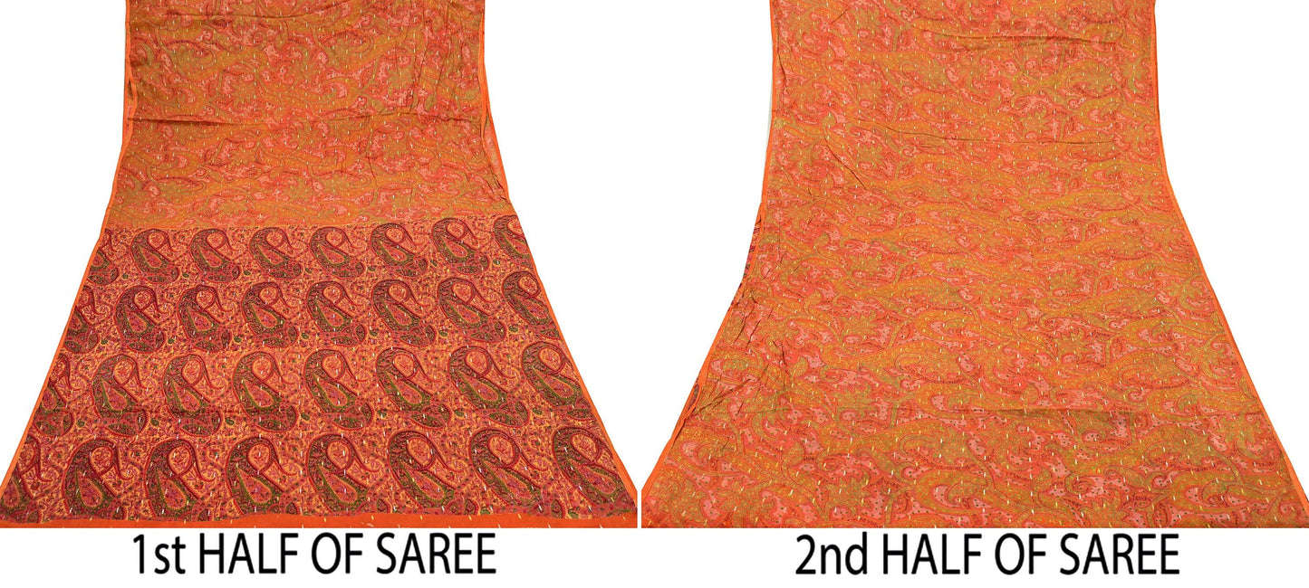 Indian Vintage Sari Orange 100% Pure Silk Printed Sarees 5yd Sewing Craft Fabric Zari Dress Making Soft Wrap Quilting Used Crafting Upcycle