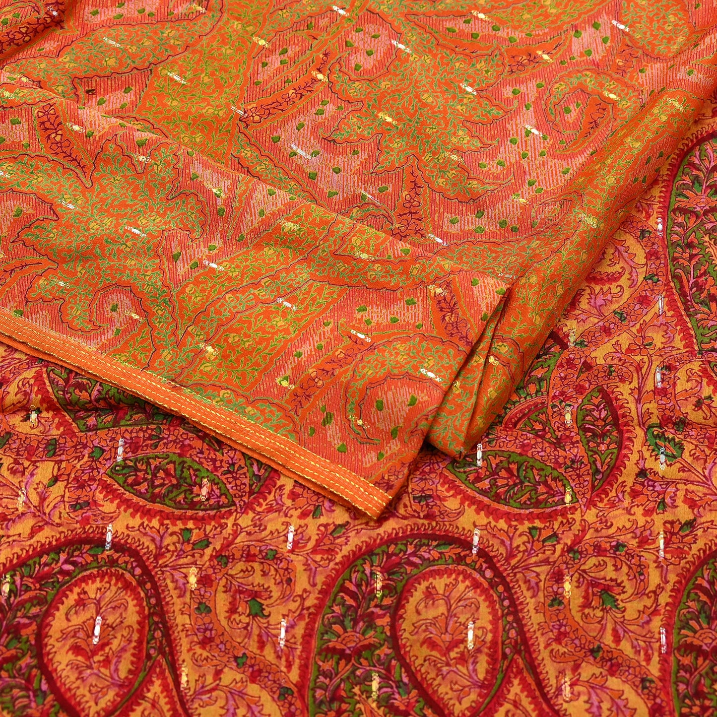 Indian Vintage Sari Orange 100% Pure Silk Printed Sarees 5yd Sewing Craft Fabric Zari Dress Making Soft Wrap Quilting Used Crafting Upcycle