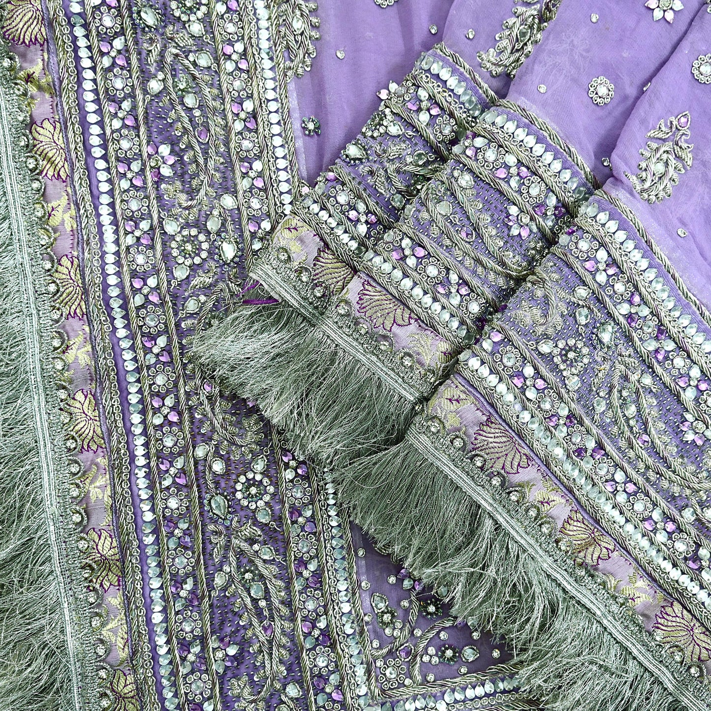 Indian Vintage Heavy Purple Dupatta Pure Georgette Silk Long Stole Hand Embroidered Scarf Zardozi/Dabka Zari Sequins