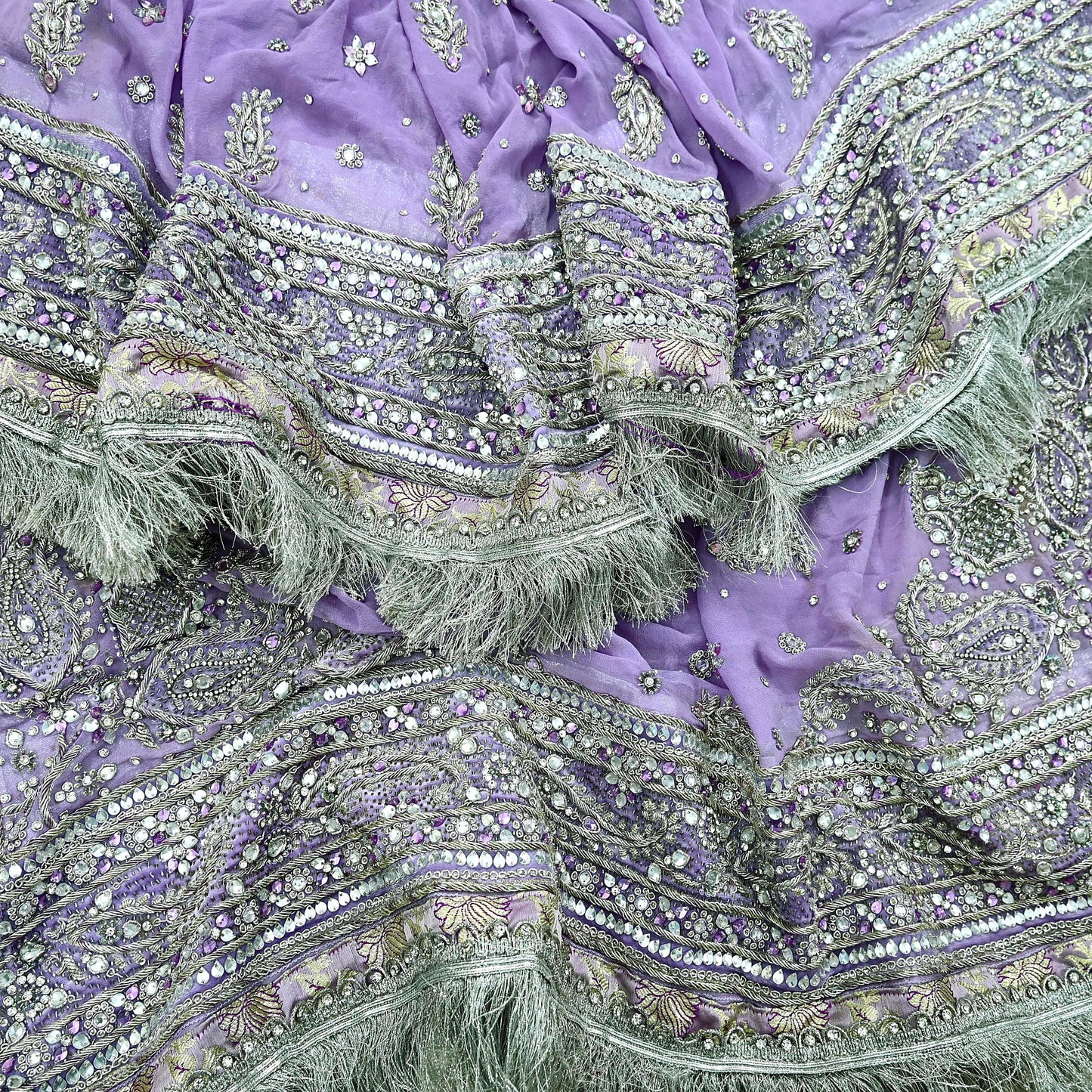 Indian Vintage Heavy Purple Dupatta Pure Georgette Silk Long Stole Hand Embroidered Scarf Zardozi/Dabka Zari Sequins