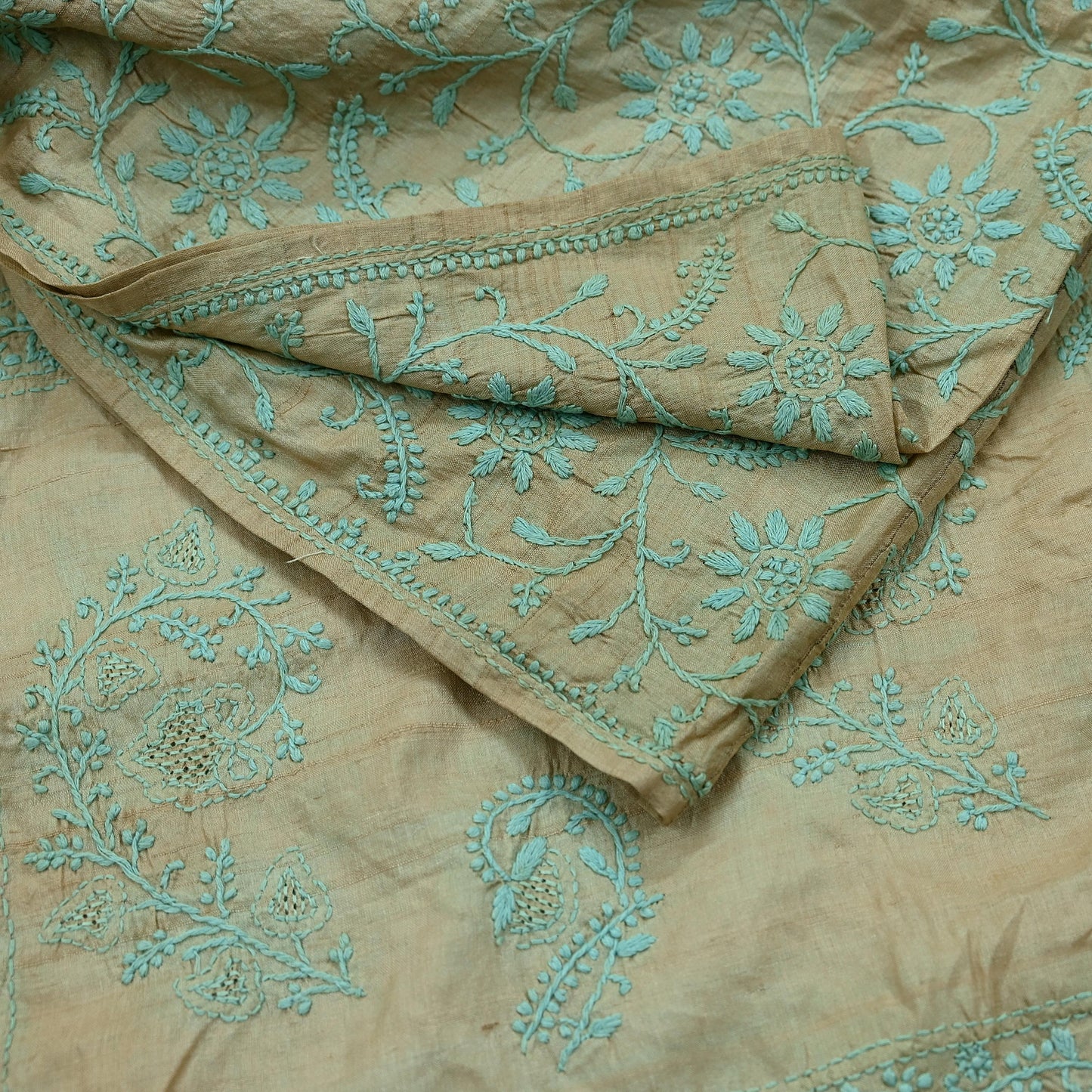 Indian Vintage Beige Dupatta Long Stole Pure silk Handmade Chikankari Scarves Veil Scarf Wrap Zari Floral Design