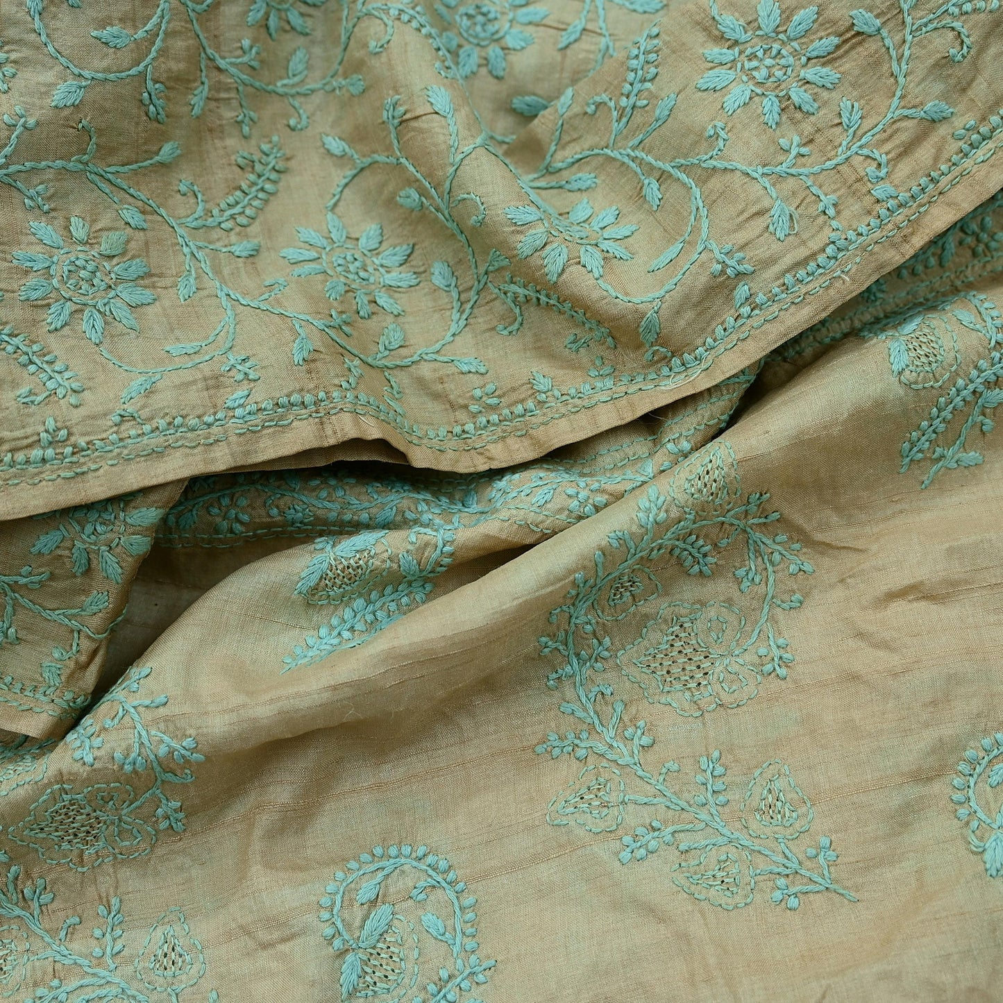 Indian Vintage Beige Dupatta Long Stole Pure silk Handmade Chikankari Scarves Veil Scarf Wrap Zari Floral Design