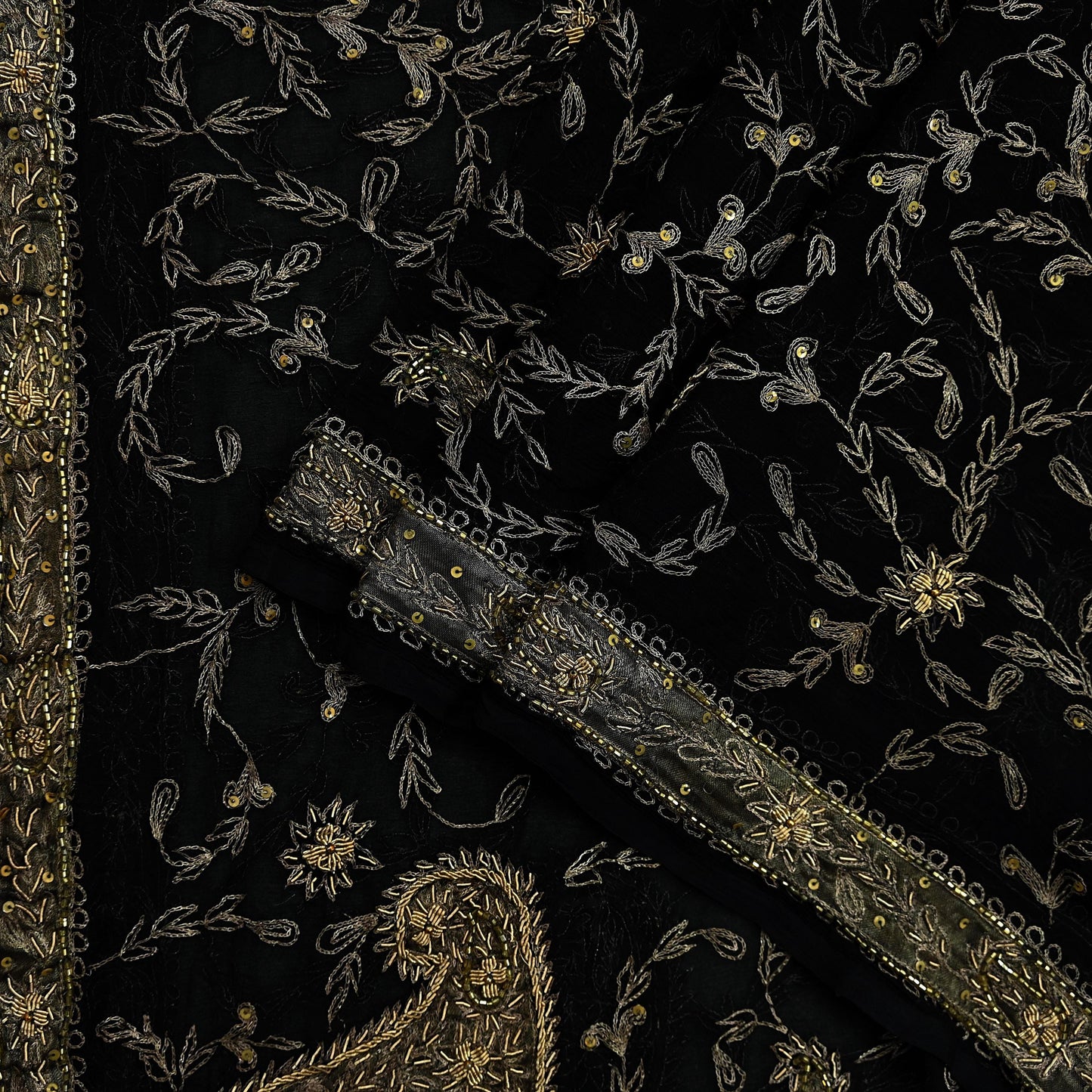 Indian Vintage Black Dupatta Pure Chiffon silk Long Stole Hand Embroidered Scarves Floral Design Stole Veil Wrap Zari Zardozi