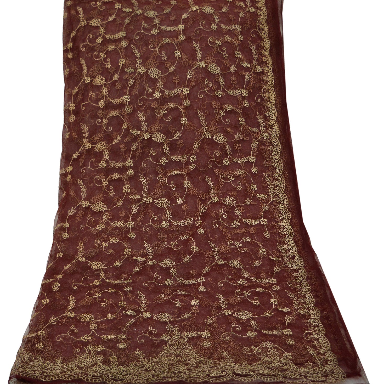 Indian Vintage Heavy Maroon Dupatta Net Mesh Long Stole Hand Embroidered Scarves Golden Zari Hijab Veil wrap Boho