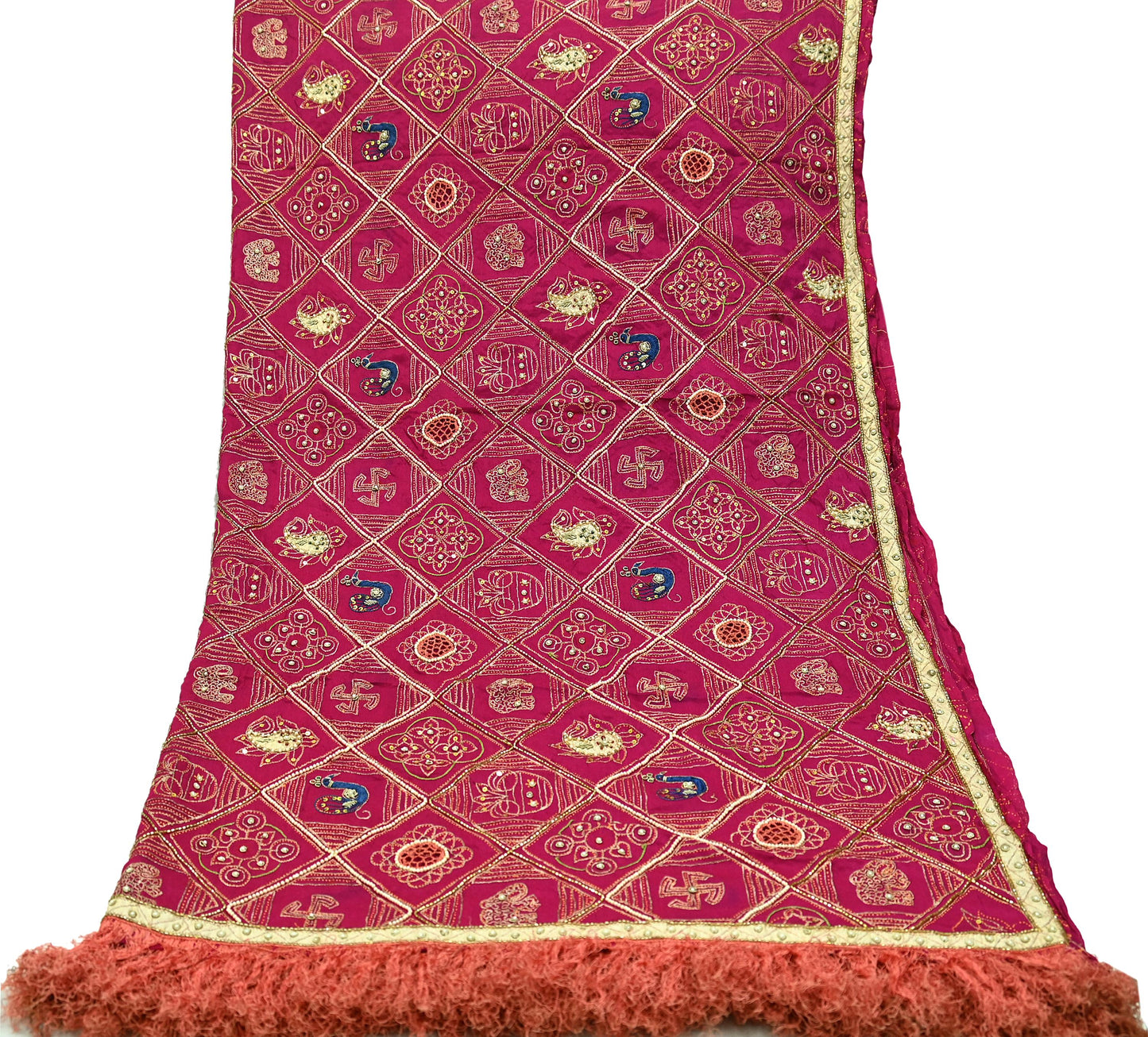 Indian Vintage Heavy Pink Dupatta Pure Silk Long Stole Hand Embroidered Bandhani Scarves Zardozi Bridal Veil Hijab Peacock/Elephants/Paisley