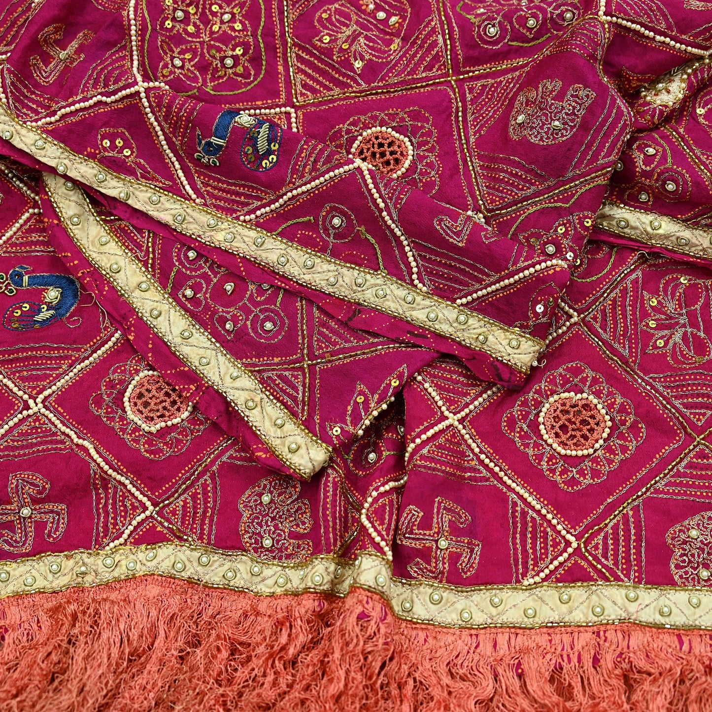 Indian Vintage Heavy Pink Dupatta Pure Silk Long Stole Hand Embroidered Bandhani Scarves Zardozi Bridal Veil Hijab Peacock/Elephants/Paisley