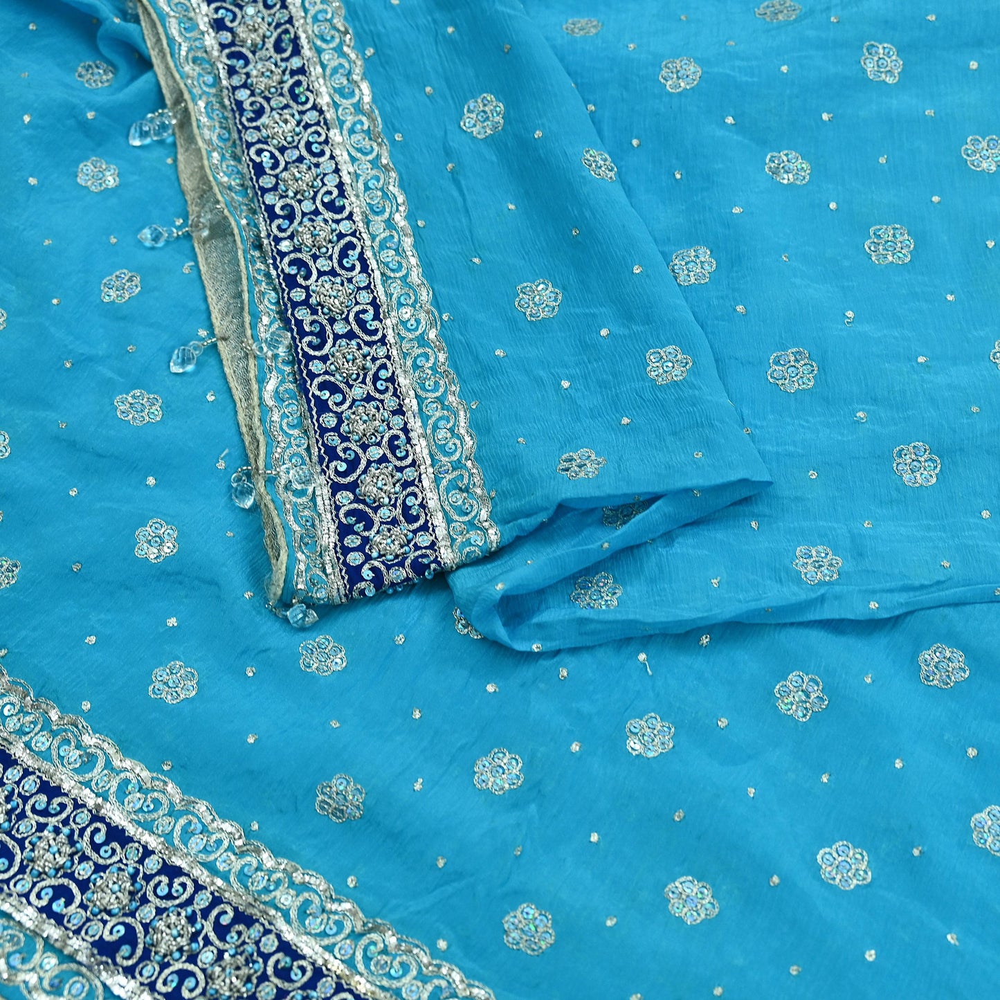 Indian Vintage Heavy Blue Dupatta Pure silk Long Stole Hand Embroidered Hijab Scarves Veil Wrap Glass Beaded Velvet Patch