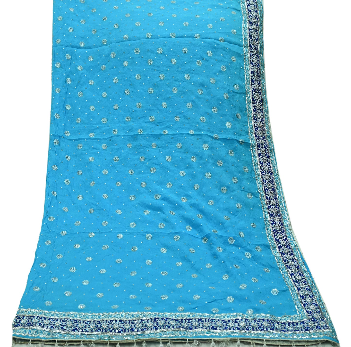 Indian Vintage Heavy Blue Dupatta Pure silk Long Stole Hand Embroidered Hijab Scarves Veil Wrap Glass Beaded Velvet Patch
