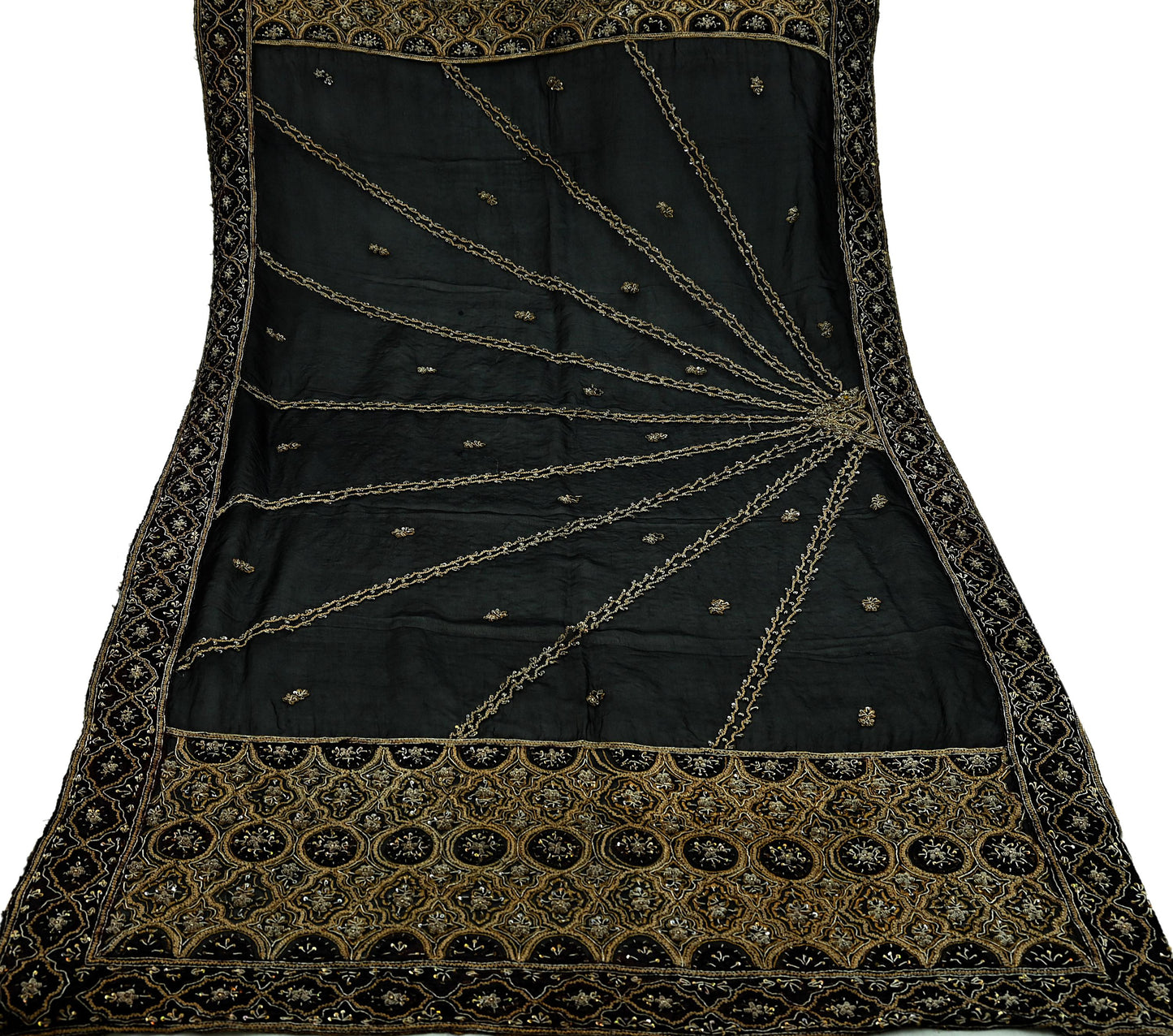 Indian Vintage Heavy Wedding Black Dupatta Pure Organza Silk Long Stole Hand Embroidered Scarves Zardozi Zari Bridal Veil Wrap Hijab