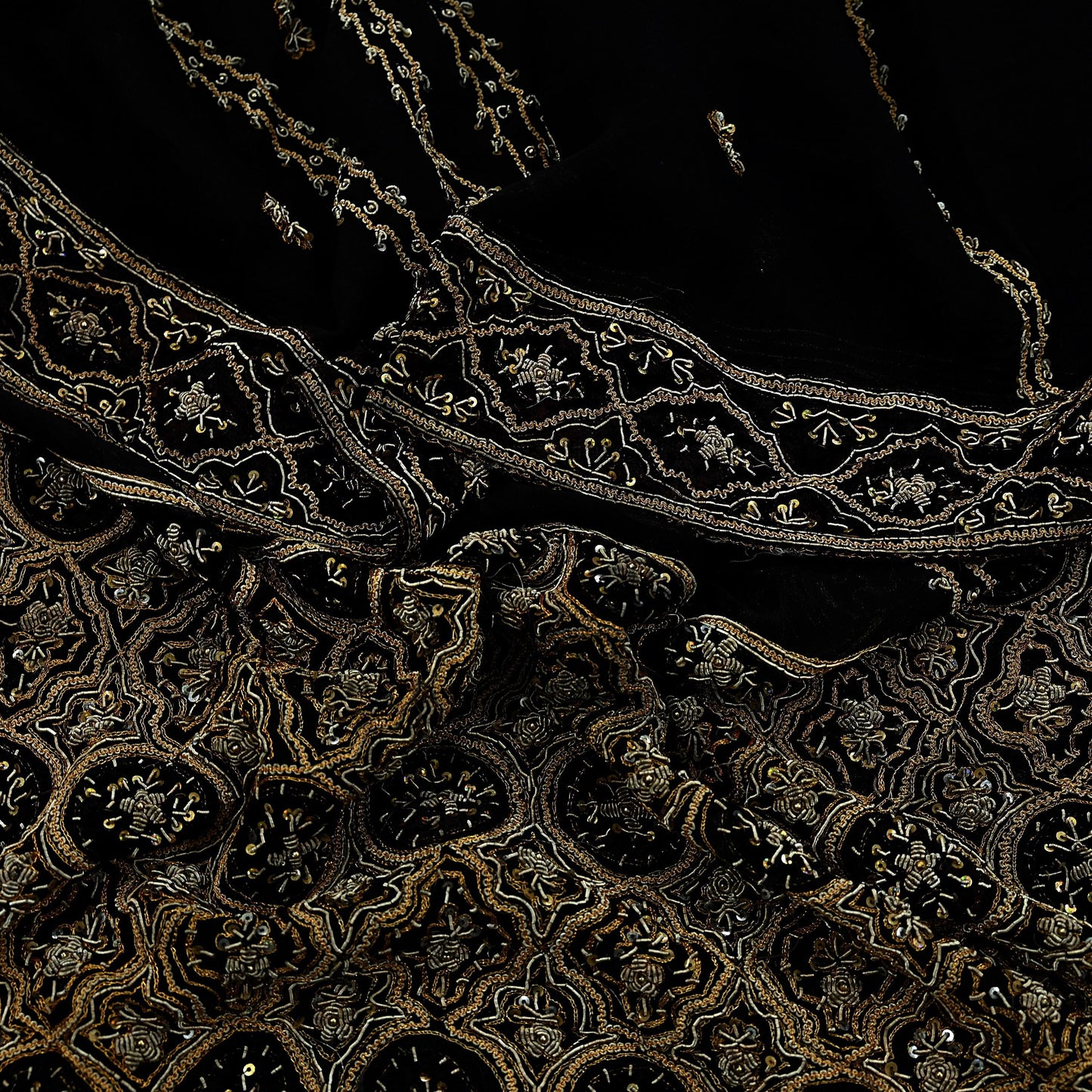 Indian Vintage Heavy Wedding Black Dupatta Pure Organza Silk Long Stole Hand Embroidered Scarves Zardozi Zari Bridal Veil Wrap Hijab