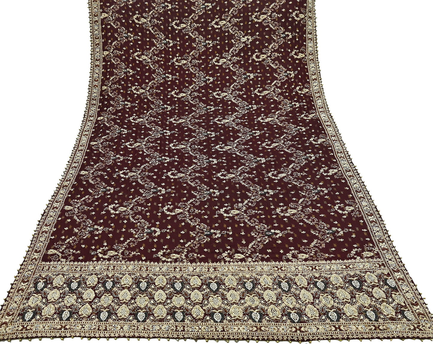 Indian Vintage Heavy Bridal Maroon Dupatta Pure Silk Long Stole Hand Embroidered Scarves Dabka Zardozi Zari Wedding Veil