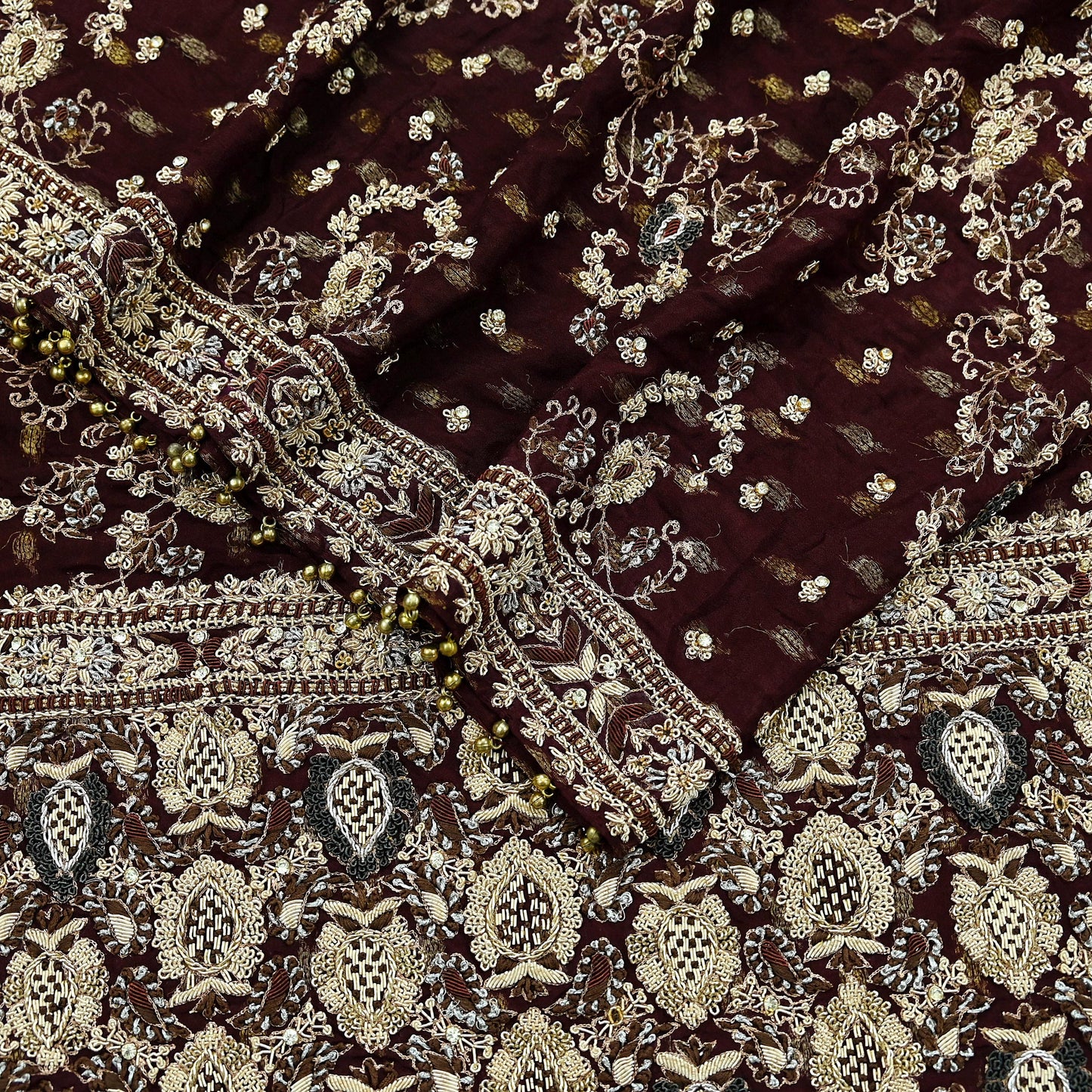 Indian Vintage Heavy Bridal Maroon Dupatta Pure Silk Long Stole Hand Embroidered Scarves Dabka Zardozi Zari Wedding Veil
