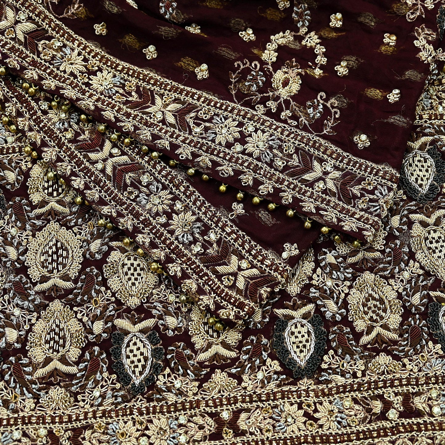 Indian Vintage Heavy Bridal Maroon Dupatta Pure Silk Long Stole Hand Embroidered Scarves Dabka Zardozi Zari Wedding Veil