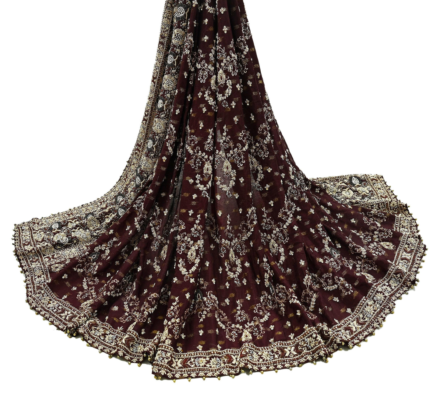 Indian Vintage Heavy Bridal Maroon Dupatta Pure Silk Long Stole Hand Embroidered Scarves Dabka Zardozi Zari Wedding Veil