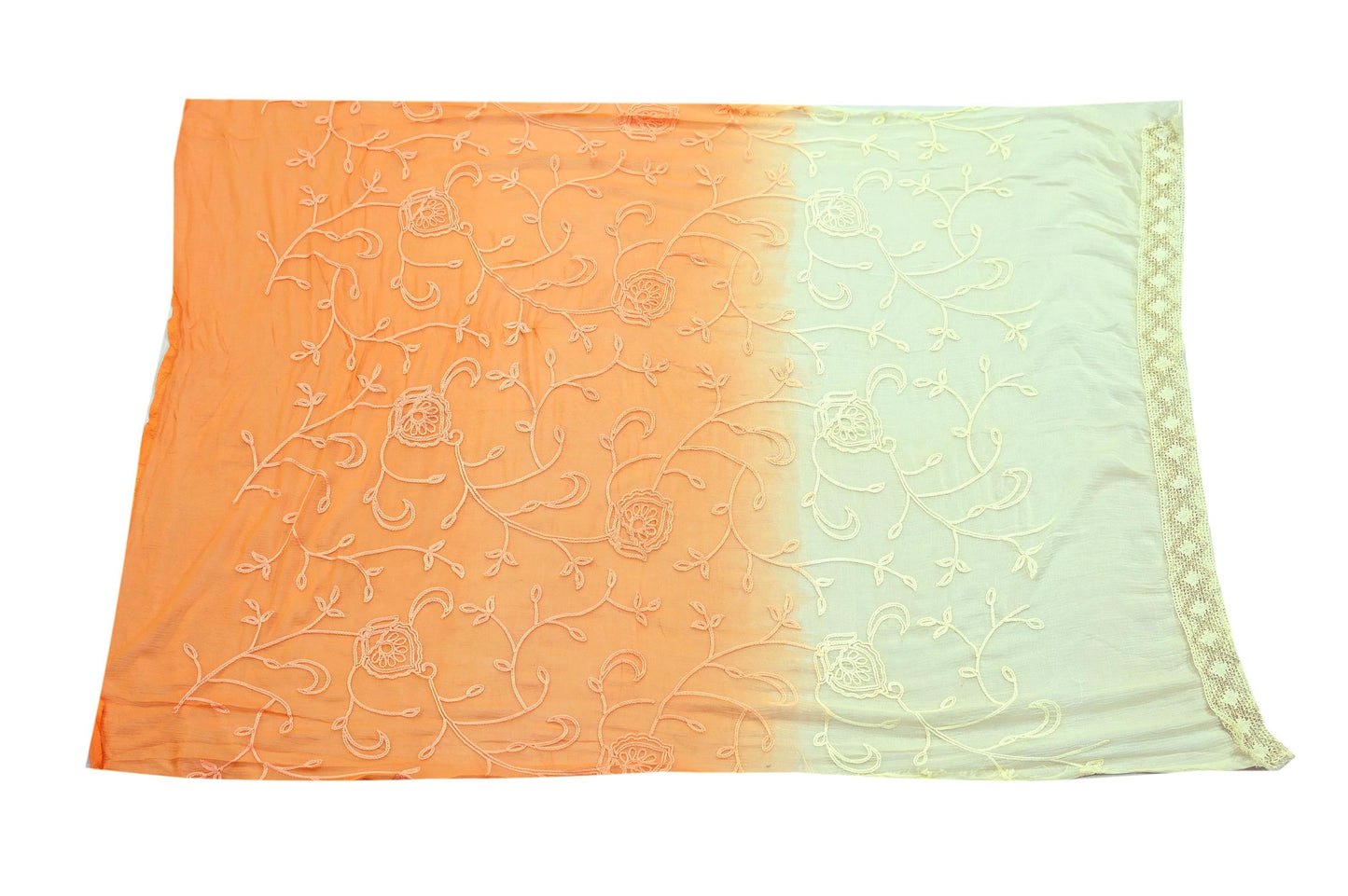 Indian Vintage Sari Ivory & Orange Pure Chiffon Silk Hand Embroidered Sarees Craft Fabric 5Yd Dress Making Sewing Zari