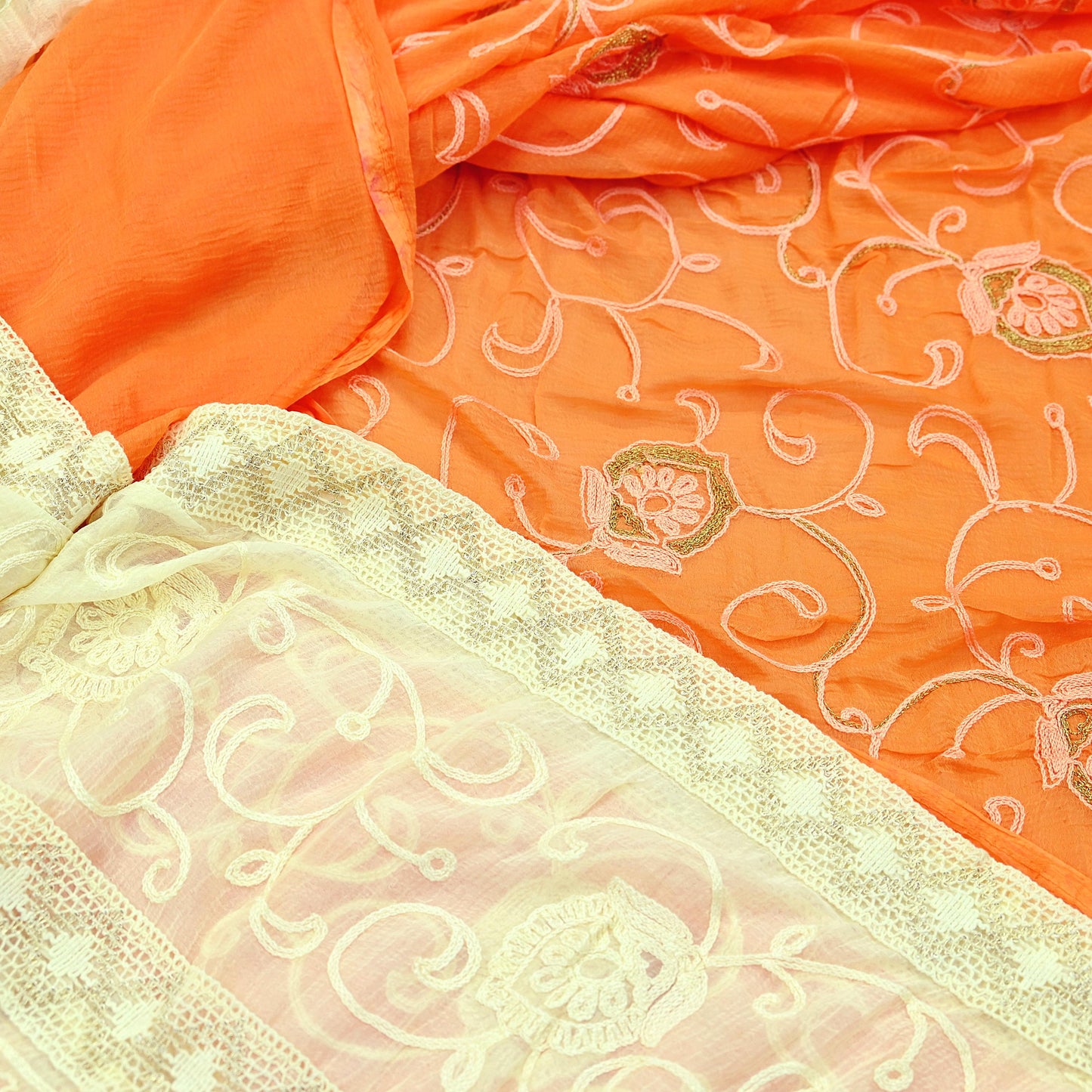 Indian Vintage Sari Ivory & Orange Pure Chiffon Silk Hand Embroidered Sarees Craft Fabric 5Yd Dress Making Sewing Zari