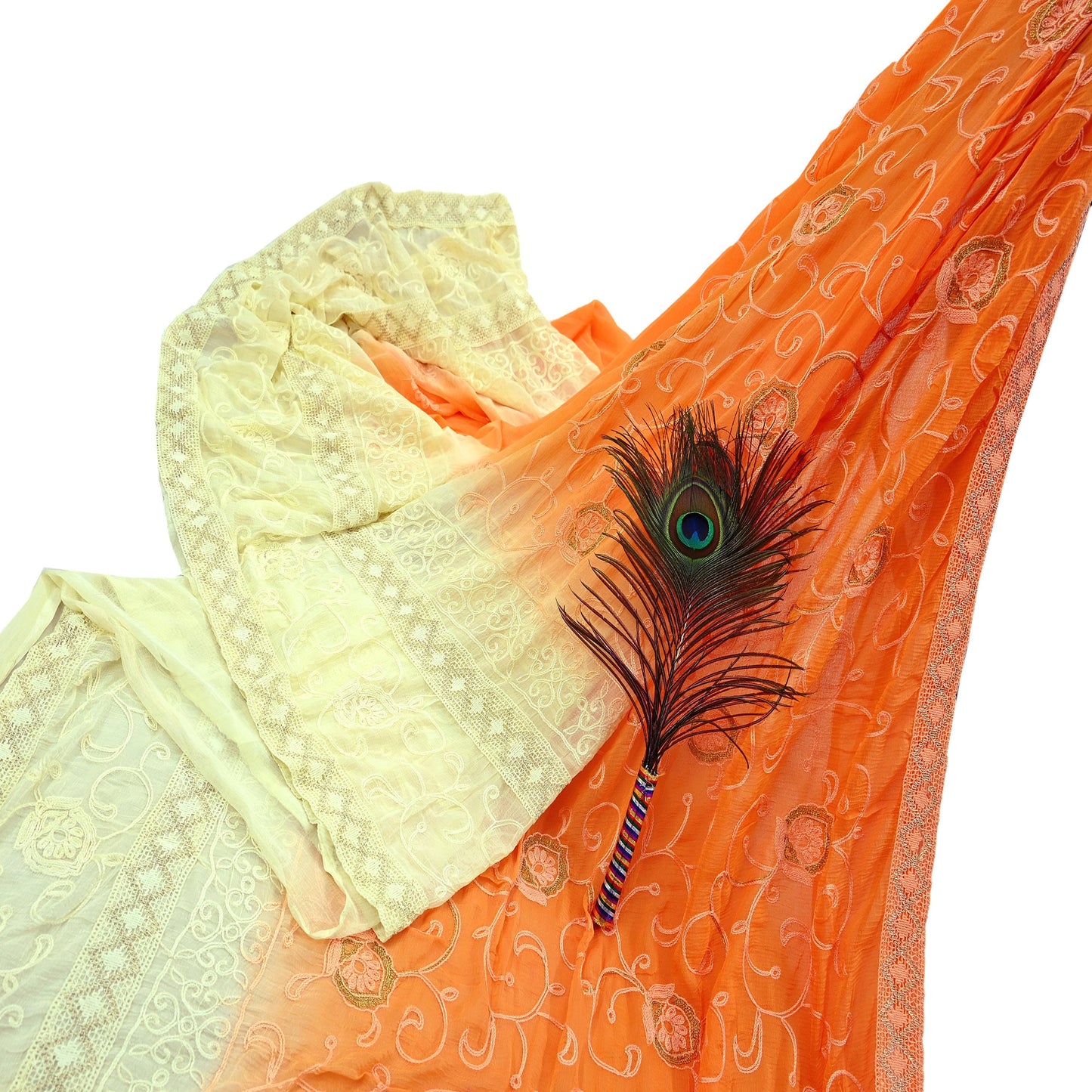 Indian Vintage Sari Ivory & Orange Pure Chiffon Silk Hand Embroidered Sarees Craft Fabric 5Yd Dress Making Sewing Zari