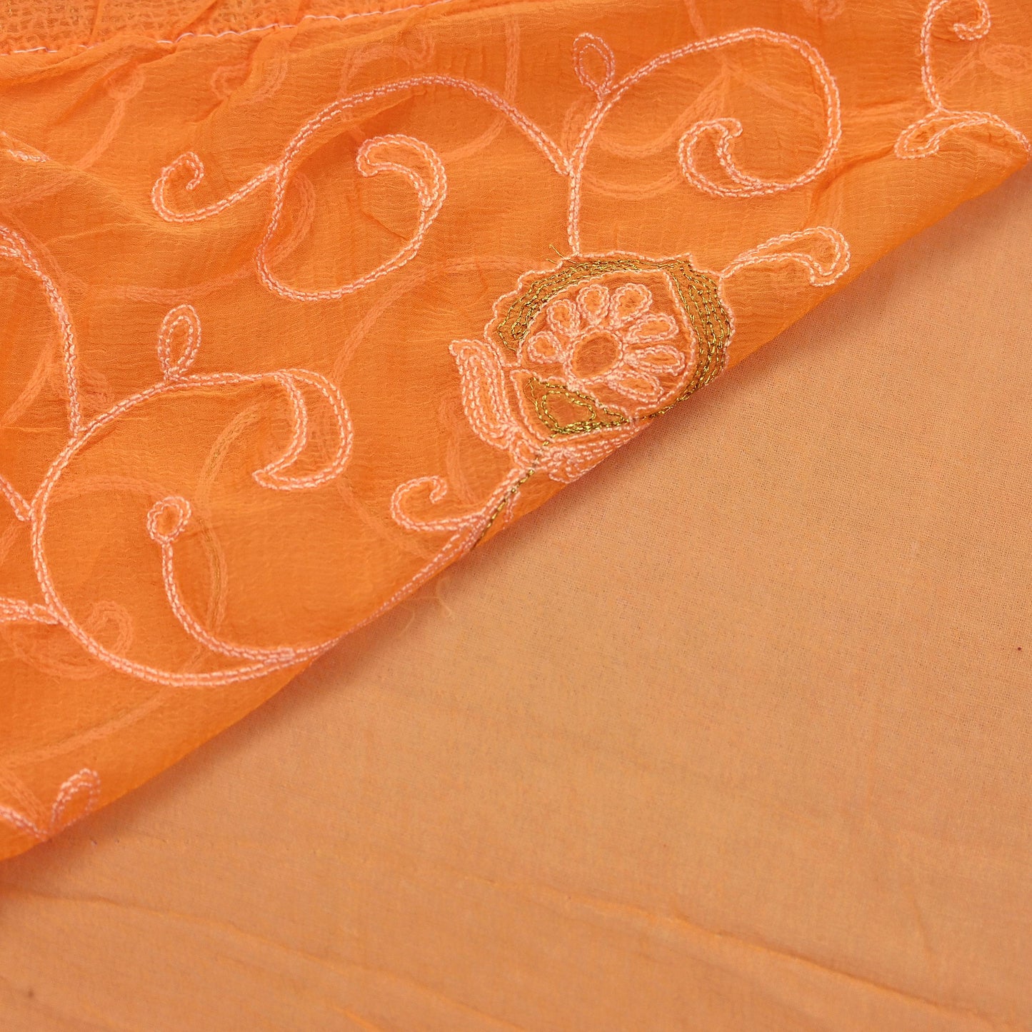 Indian Vintage Sari Ivory & Orange Pure Chiffon Silk Hand Embroidered Sarees Craft Fabric 5Yd Dress Making Sewing Zari