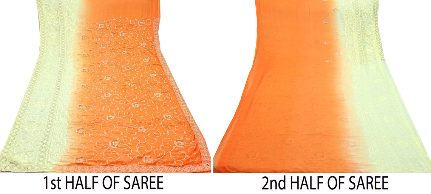 Indian Vintage Sari Ivory & Orange Pure Chiffon Silk Hand Embroidered Sarees Craft Fabric 5Yd Dress Making Sewing Zari