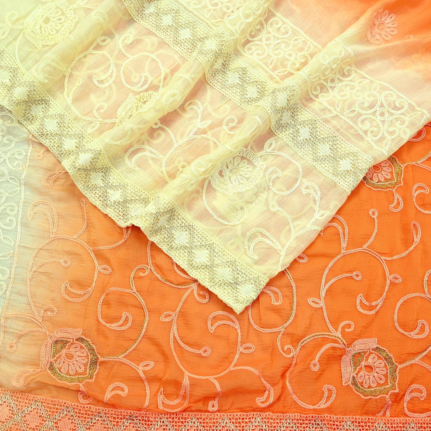 Indian Vintage Sari Ivory & Orange Pure Chiffon Silk Hand Embroidered Sarees Craft Fabric 5Yd Dress Making Sewing Zari