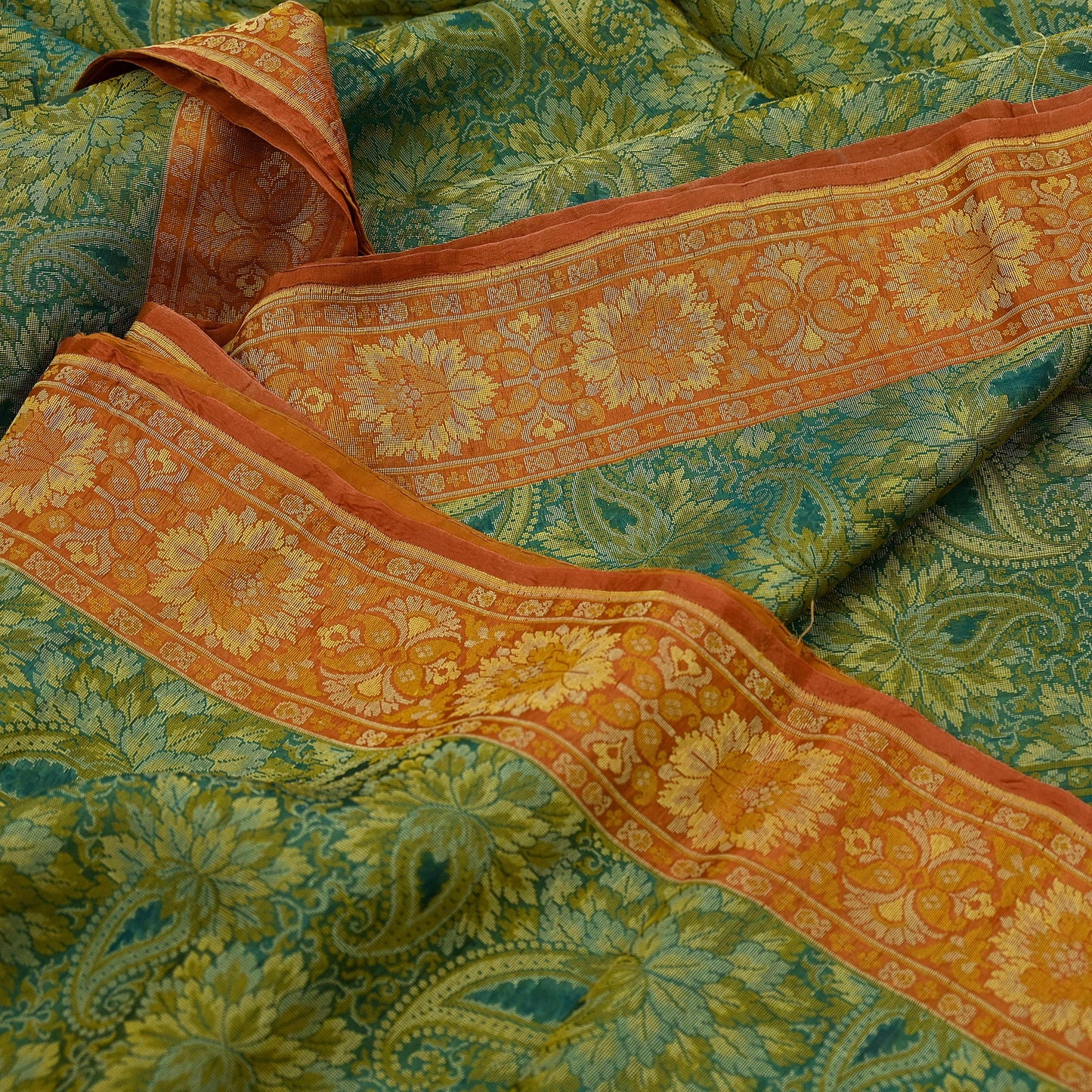 Indian Vintage Sari Orange & Green 100% Pure Silk Hand Woven Sarees Craft Fabric 5Yd Ethnic Sewing Dress making Crafting Quilting Upcycle