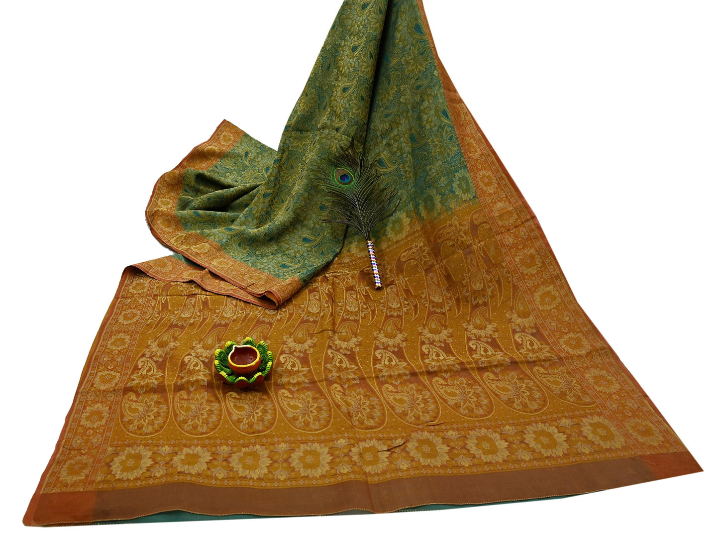 Indian Vintage Sari Orange & Green 100% Pure Silk Hand Woven Sarees Craft Fabric 5Yd Ethnic Sewing Dress making Crafting Quilting Upcycle