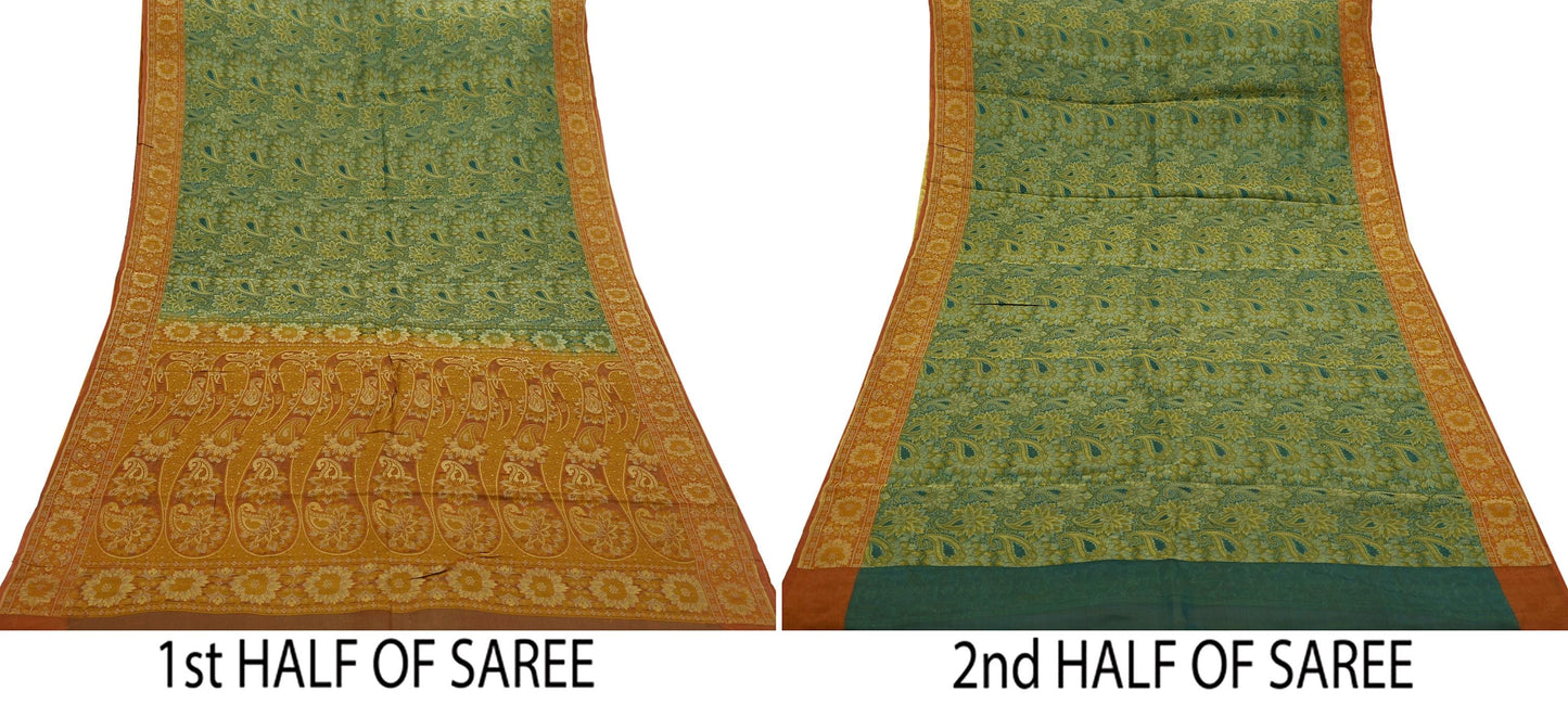 Indian Vintage Sari Orange & Green 100% Pure Silk Hand Woven Sarees Craft Fabric 5Yd Ethnic Sewing Dress making Crafting Quilting Upcycle