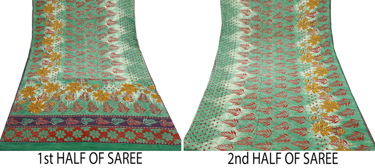 Indian Vintage Sari Green Pure Crepe Silk Printed Saree 5yard Sewing Floral Soft Craft Fabric Ethnic Wrap Dress Making Crafting Quilting