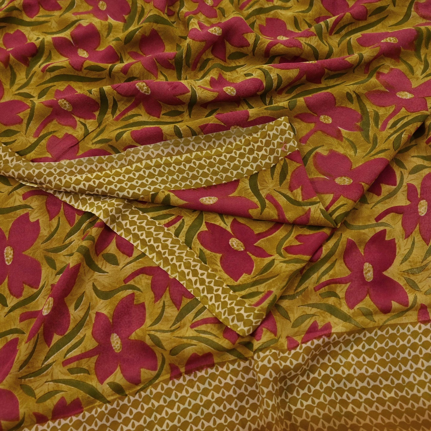 Women Vintage Sari Green Pure Georgette Silk Printed Saree Craft Fabric Sewing 5Yd Soft Light Dress Making Floral Quilting Crafting Upcycle