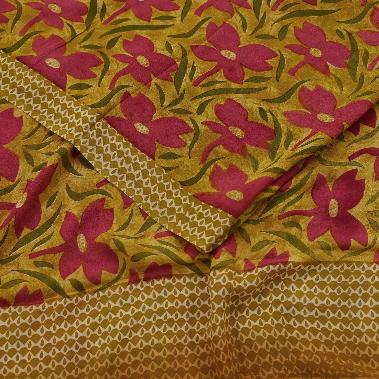 Women Vintage Sari Green Pure Georgette Silk Printed Saree Craft Fabric Sewing 5Yd Soft Light Dress Making Floral Quilting Crafting Upcycle