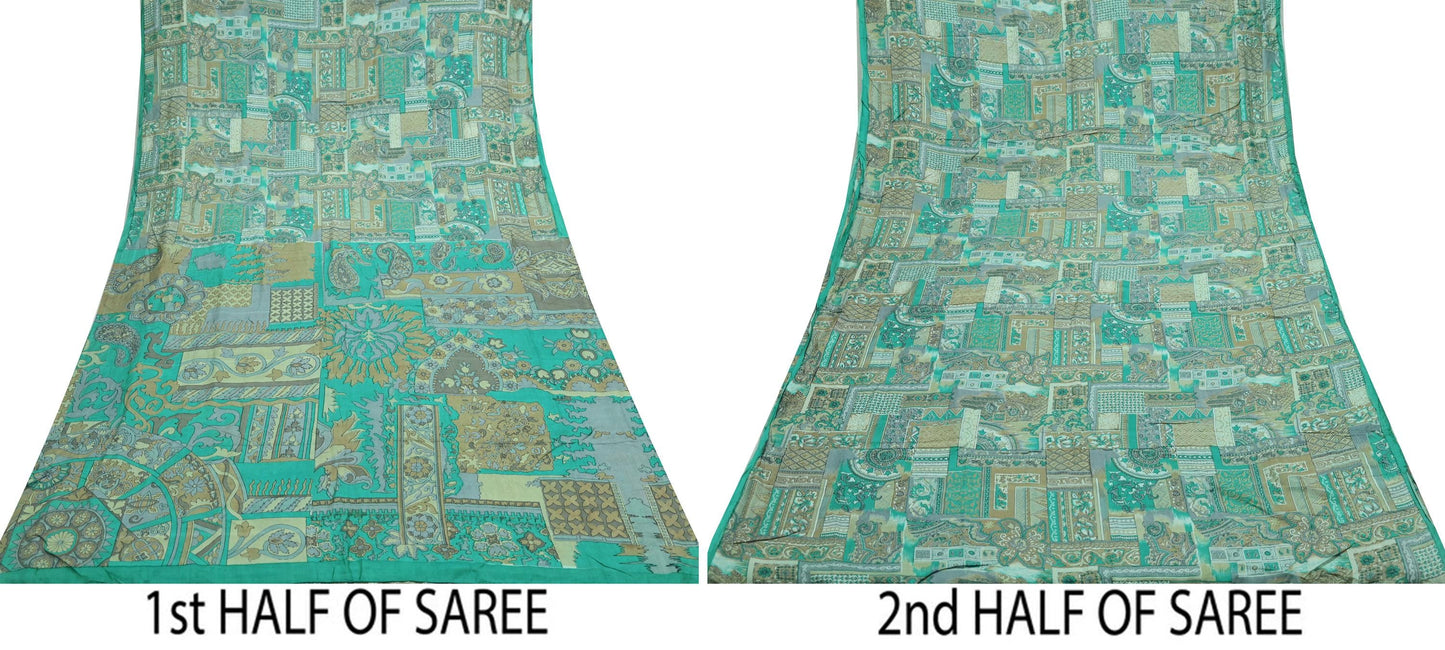 Indian Vintage Sari Green Pure Silk Printed Sarees 6yd Sewing Craft Fabric Dress Making Soft Abstract Wrap Upcycle Used Quilting Crafting