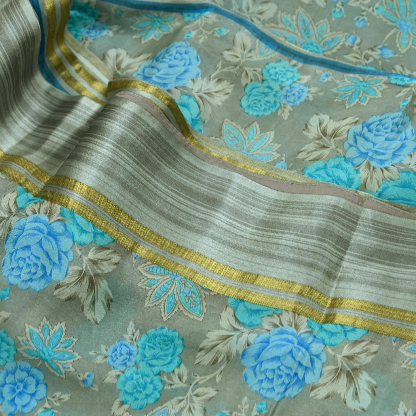 Indian Vintage Sari Blue & Gray Pure Silk Printed Sarees 5yd Sewing Craft Fabric Dress Making Wrap Floral Zari Quilting Crafting Upcycle