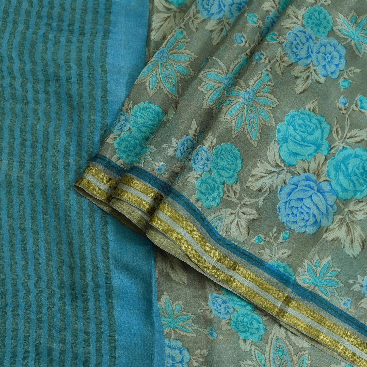Indian Vintage Sari Blue & Gray Pure Silk Printed Sarees 5yd Sewing Craft Fabric Dress Making Wrap Floral Zari Quilting Crafting Upcycle