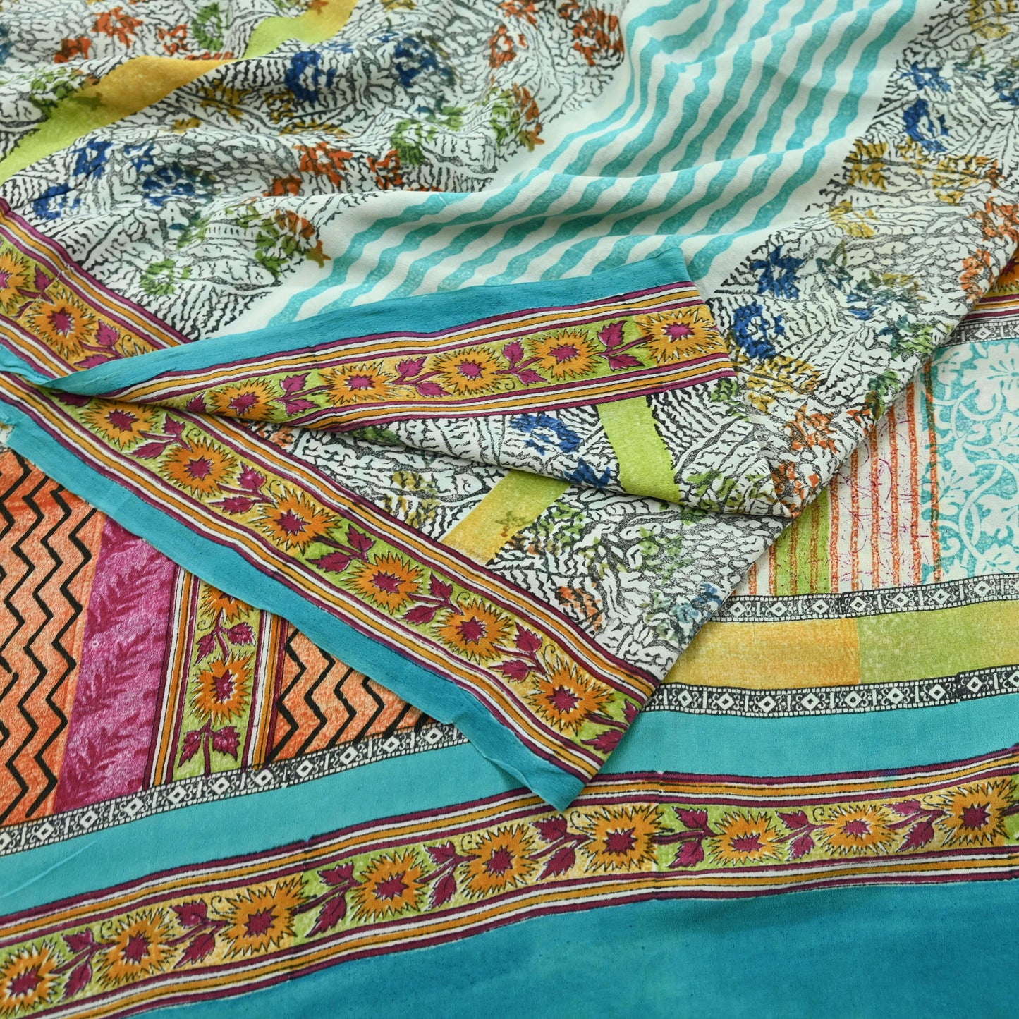 Indian Vintage Sari Ivory & Blue Pure Crepe Silk Printed Saree 5yd Sewing Floral Soft Craft Fabric Wrap Dress making Crafting Quilting