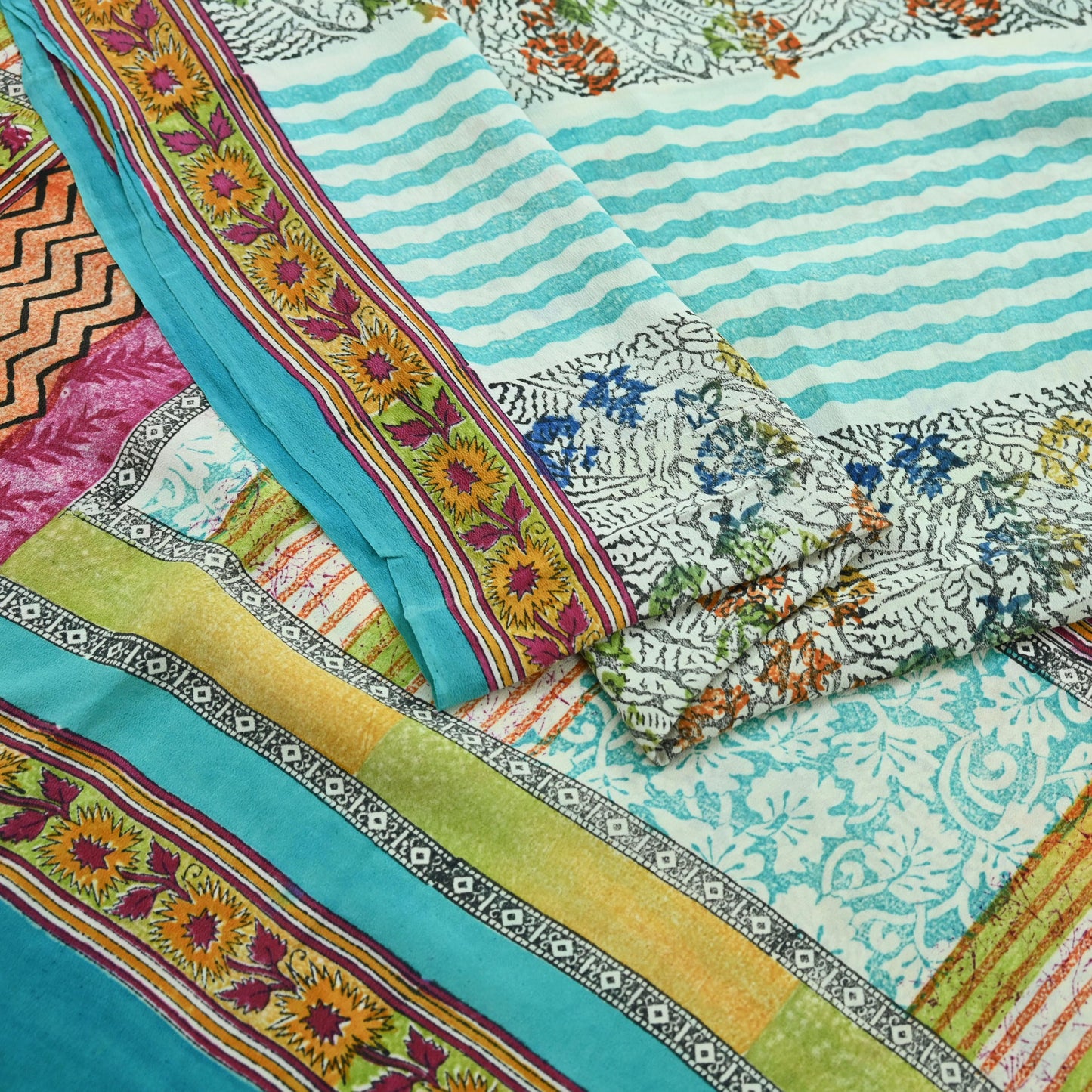 Indian Vintage Sari Ivory & Blue Pure Crepe Silk Printed Saree 5yd Sewing Floral Soft Craft Fabric Wrap Dress making Crafting Quilting